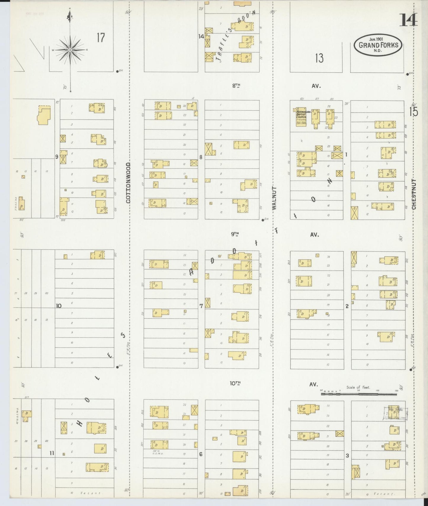 Sanborn Fire Insurance Map from Grand Forks, Grand Forks County, North Dakota (1901), Sheet #0014 - Historic Sanborn Fire Insurance Map Print, vintage old map wall art, antique decor, genealogy gift, North Dakota North Dakota map