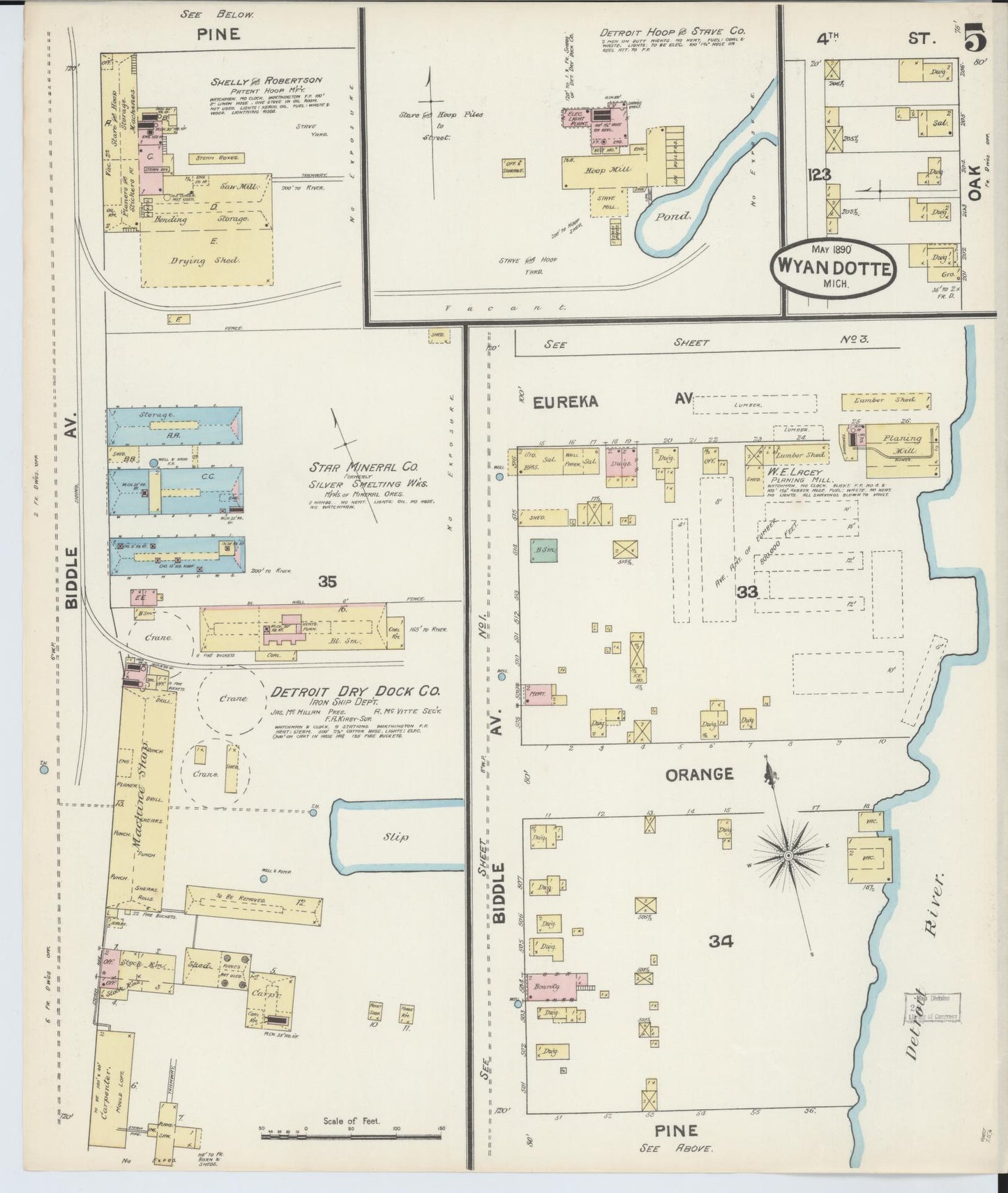 Sanborn Fire Insurance Map from Wyandotte, Wayne County, Michigan (1890), Sheet #0005 - Complete Map Set gallery image, historic Sanborn map, vintage wall art, Michigan Michigan