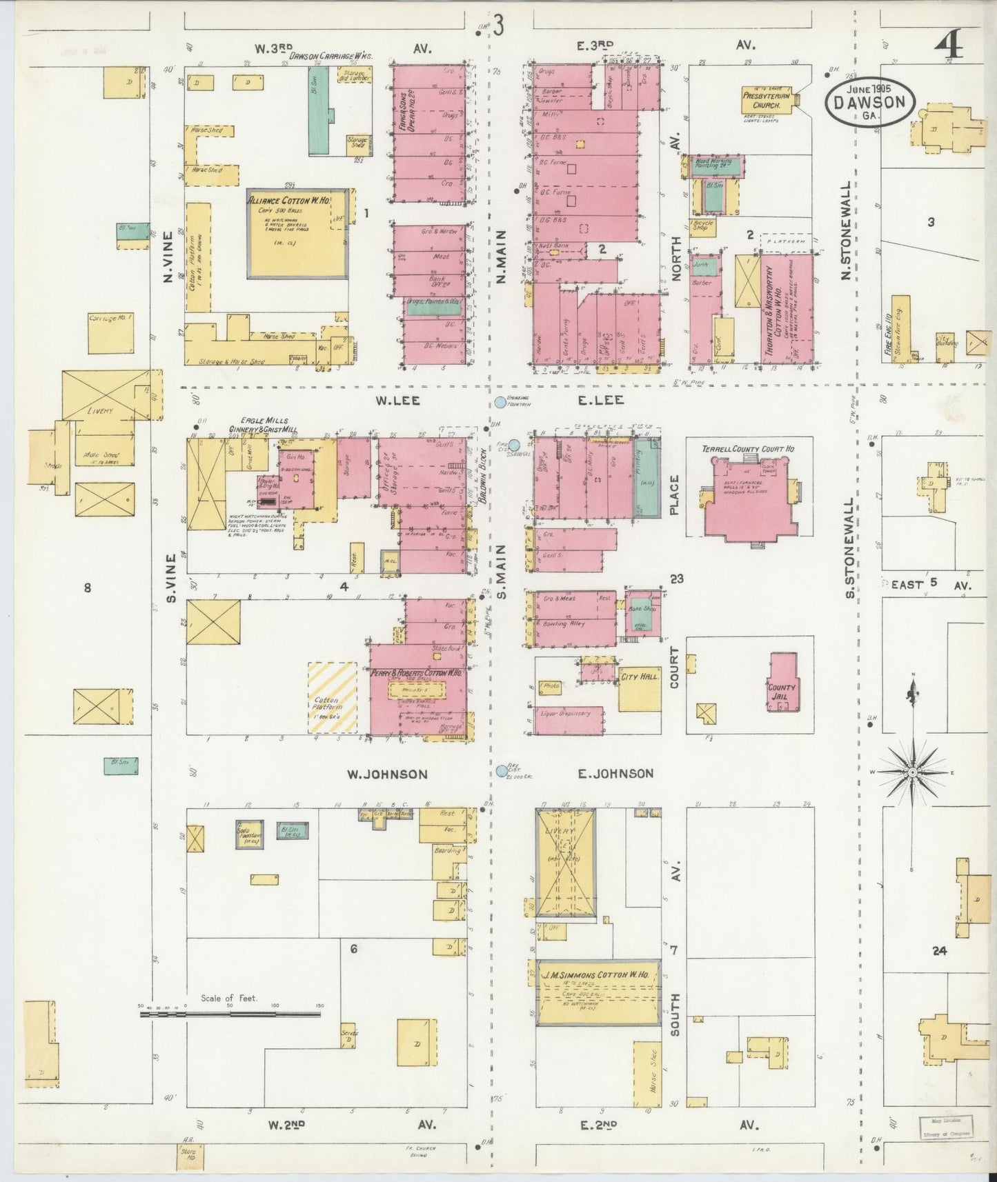 Sanborn Fire Insurance Map from Dawson, Terrell County, Georgia (1905), Sheet #0004 - Complete Map Set gallery image, historic Sanborn map, vintage wall art, Georgia Georgia