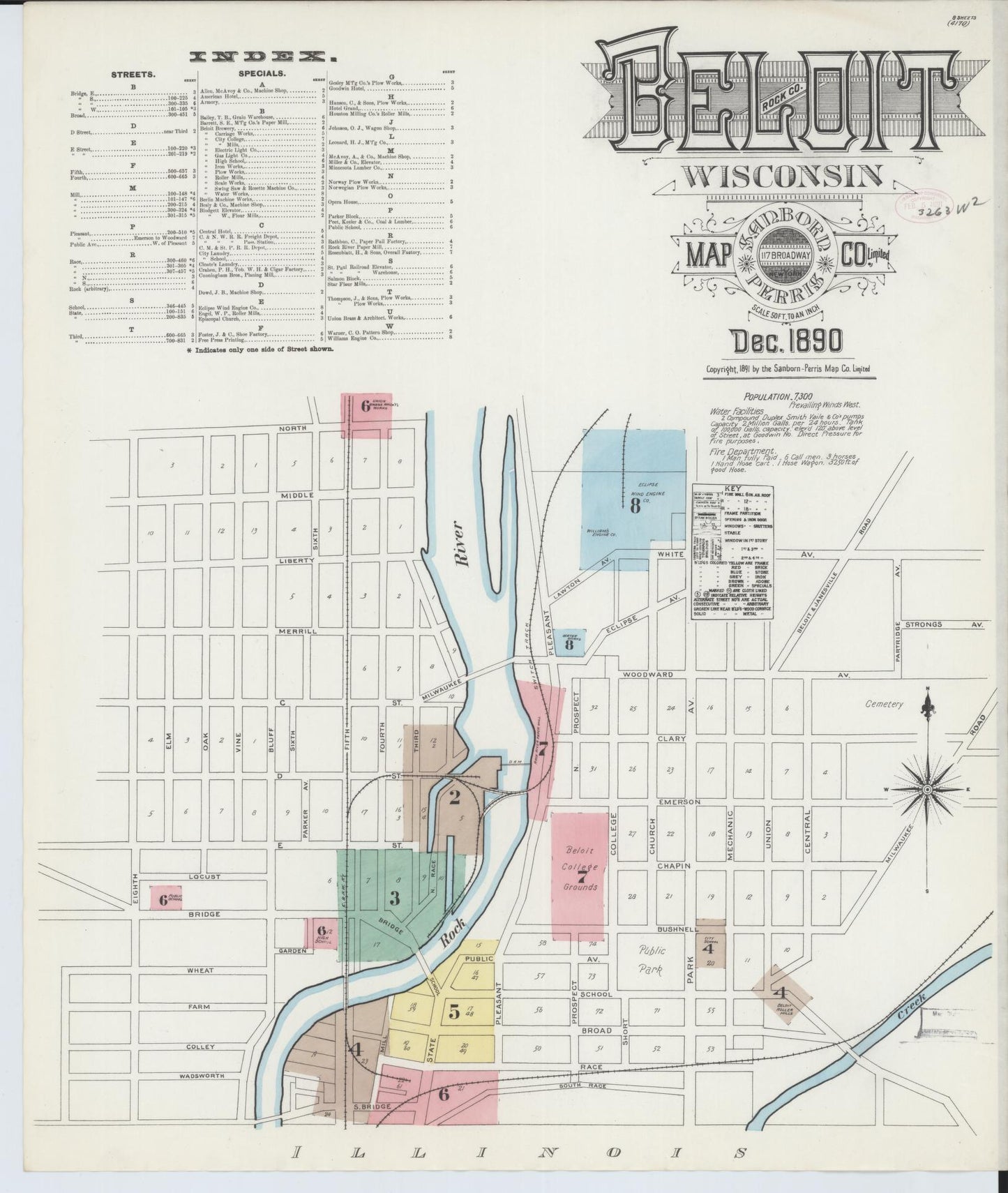 Sanborn Fire Insurance Map from Beloit, Rock County, Wisconsin (1890), Sheet #0001 - Historic Sanborn Fire Insurance Map Print, vintage old map wall art, antique decor, genealogy gift, Wisconsin Wisconsin map