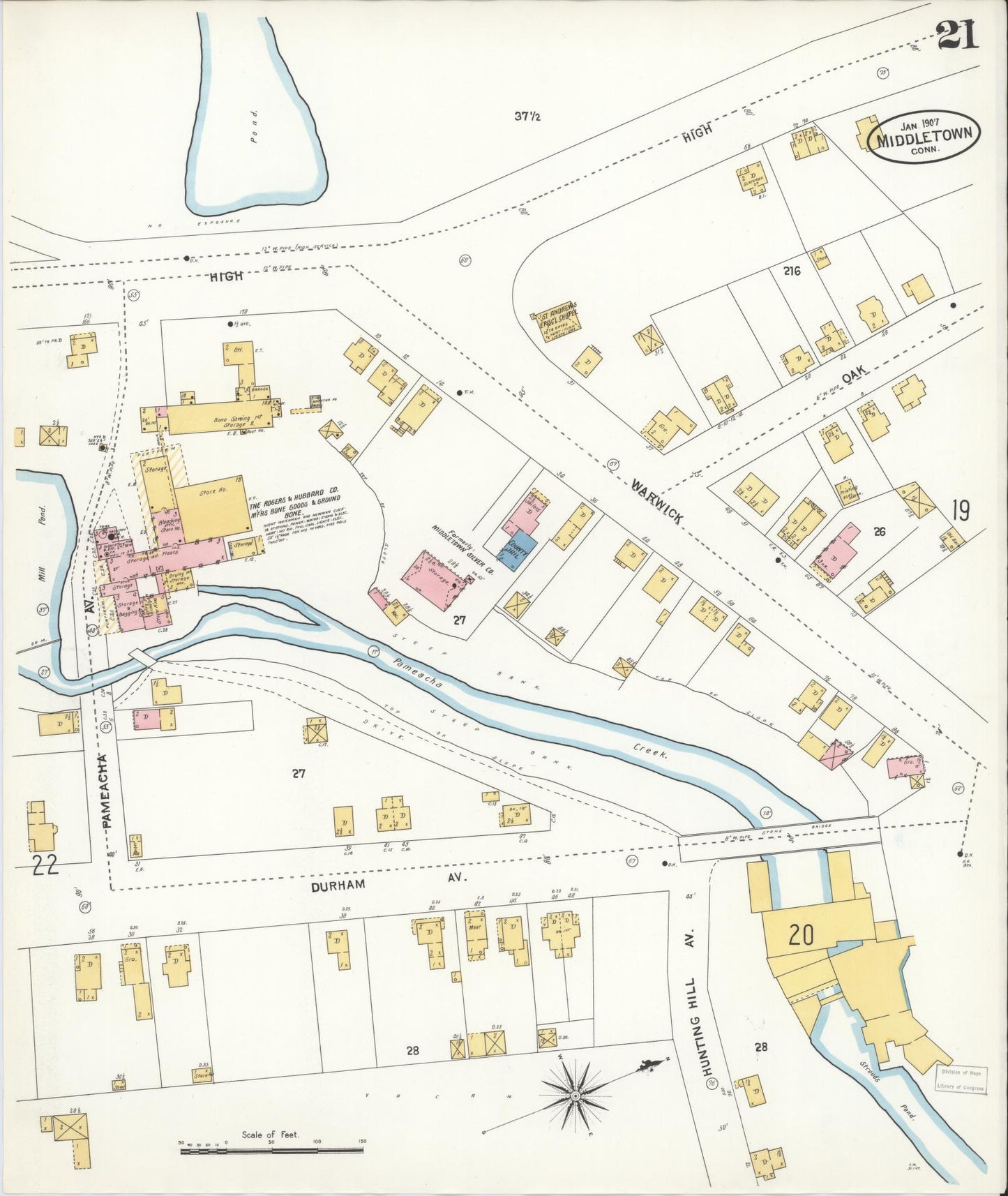 Sanborn Fire Insurance Map from Middletown, Middlesex County, Connecticut (1907), Sheet #0021 - Historic Sanborn Fire Insurance Map Print, vintage old map wall art, antique decor, genealogy gift, Connecticut Connecticut map