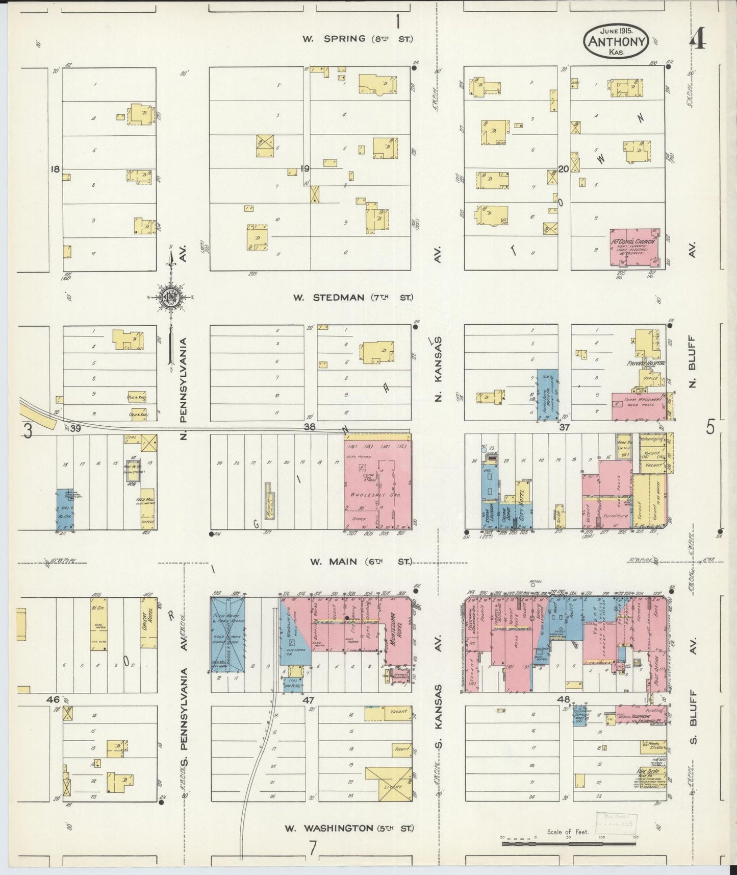 Sanborn Fire Insurance Map from Anthony, Harper County, Kansas (1915), Sheet #0004 - Historic Sanborn Fire Insurance Map Print, vintage old map wall art, antique decor, genealogy gift, Kansas Kansas map