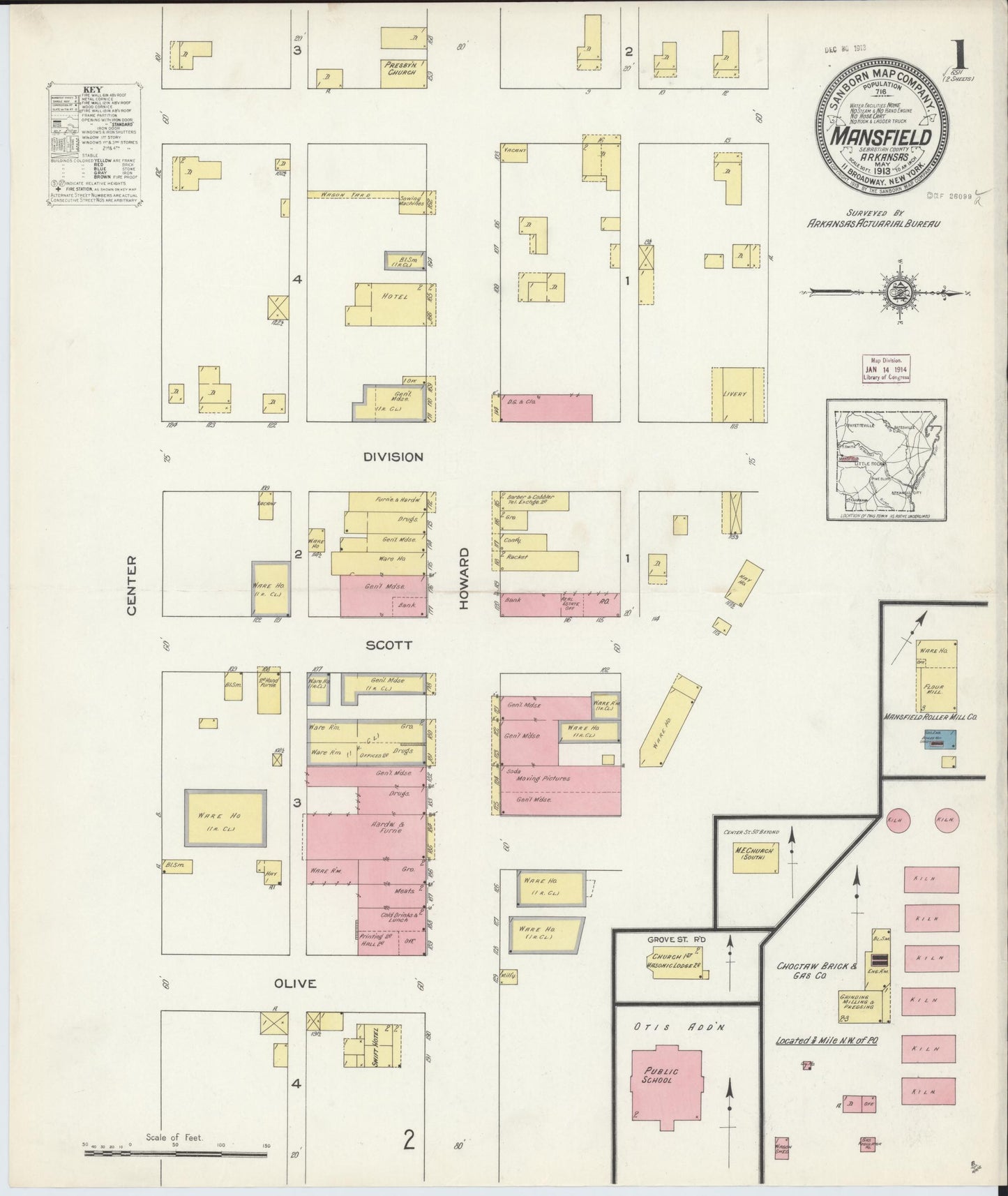 Sanborn Fire Insurance Map from Mansfield, Sebastian And Scott Counties, Arkansas (1913), Sheet #0001 - Historic Sanborn Fire Insurance Map Print, vintage old map wall art, antique decor, genealogy gift, Arkansas Arkansas map