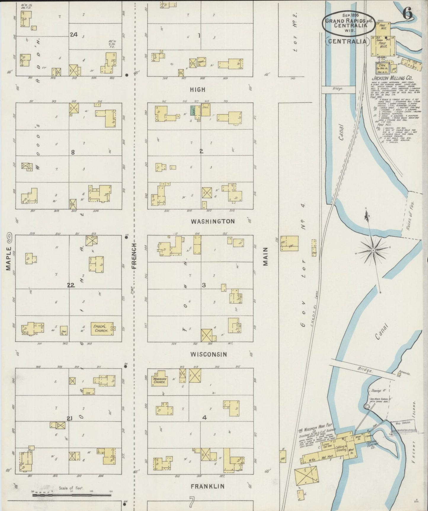 Sanborn Fire Insurance Map from Grand Rapids, Wood County, Wisconsin (1895), Sheet #0006 - Historic Sanborn Fire Insurance Map Print, vintage old map wall art, antique decor, genealogy gift, Wisconsin Wisconsin map