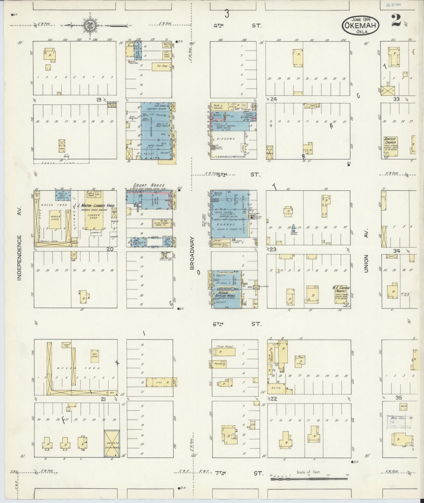 Sanborn Fire Insurance Map from Okemah, Okfuskee County, Oklahoma (1914), Sheet #0002 - Historic Sanborn Fire Insurance Map Print, vintage old map wall art, antique decor, genealogy gift, Oklahoma Oklahoma map