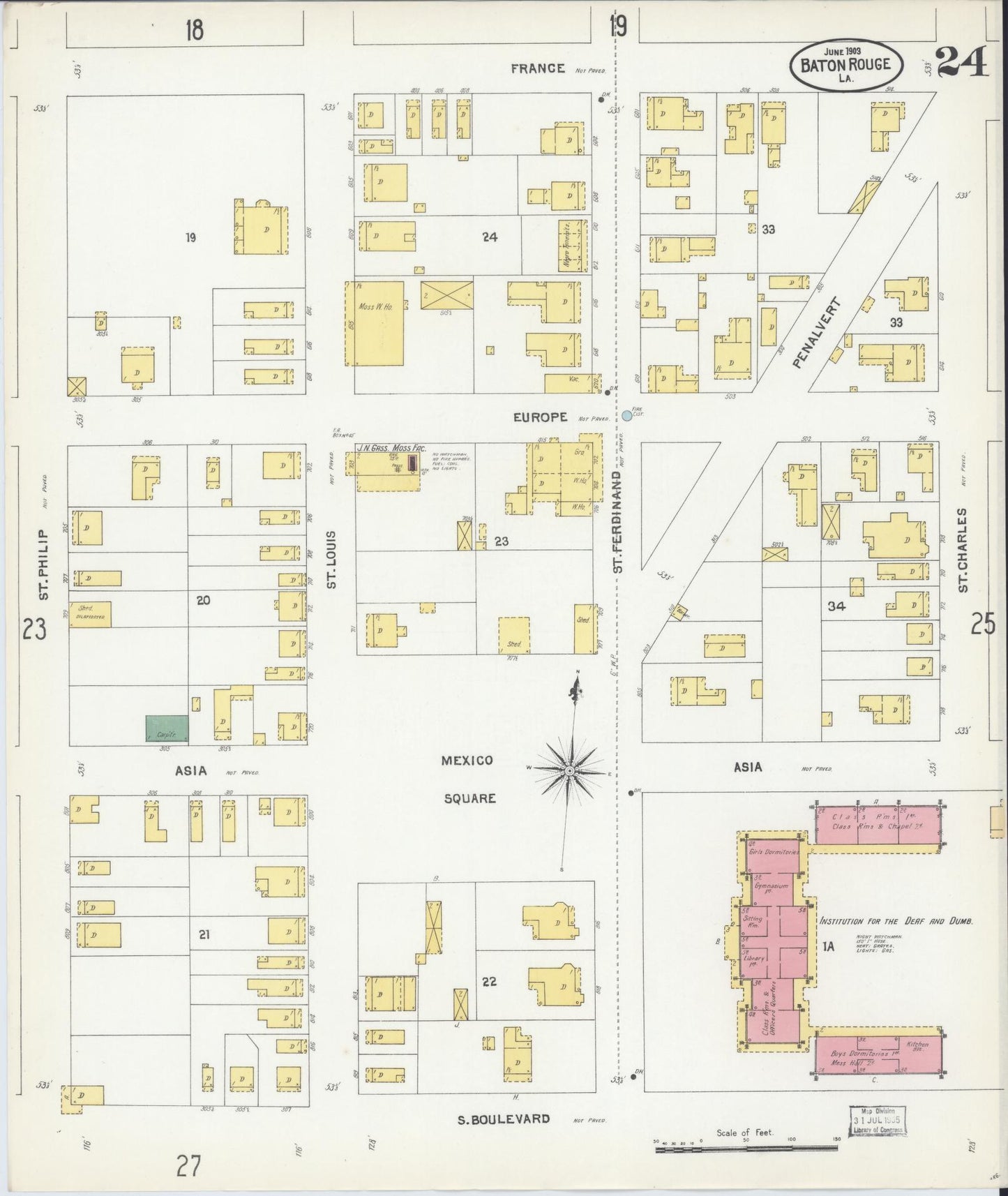 Sanborn Fire Insurance Map from Baton Rouge, East Baton Rouge Parish, Louisiana (1903), Sheet #0024 - Historic Sanborn Fire Insurance Map Print, vintage old map wall art, antique decor, genealogy gift, Louisiana Louisiana map