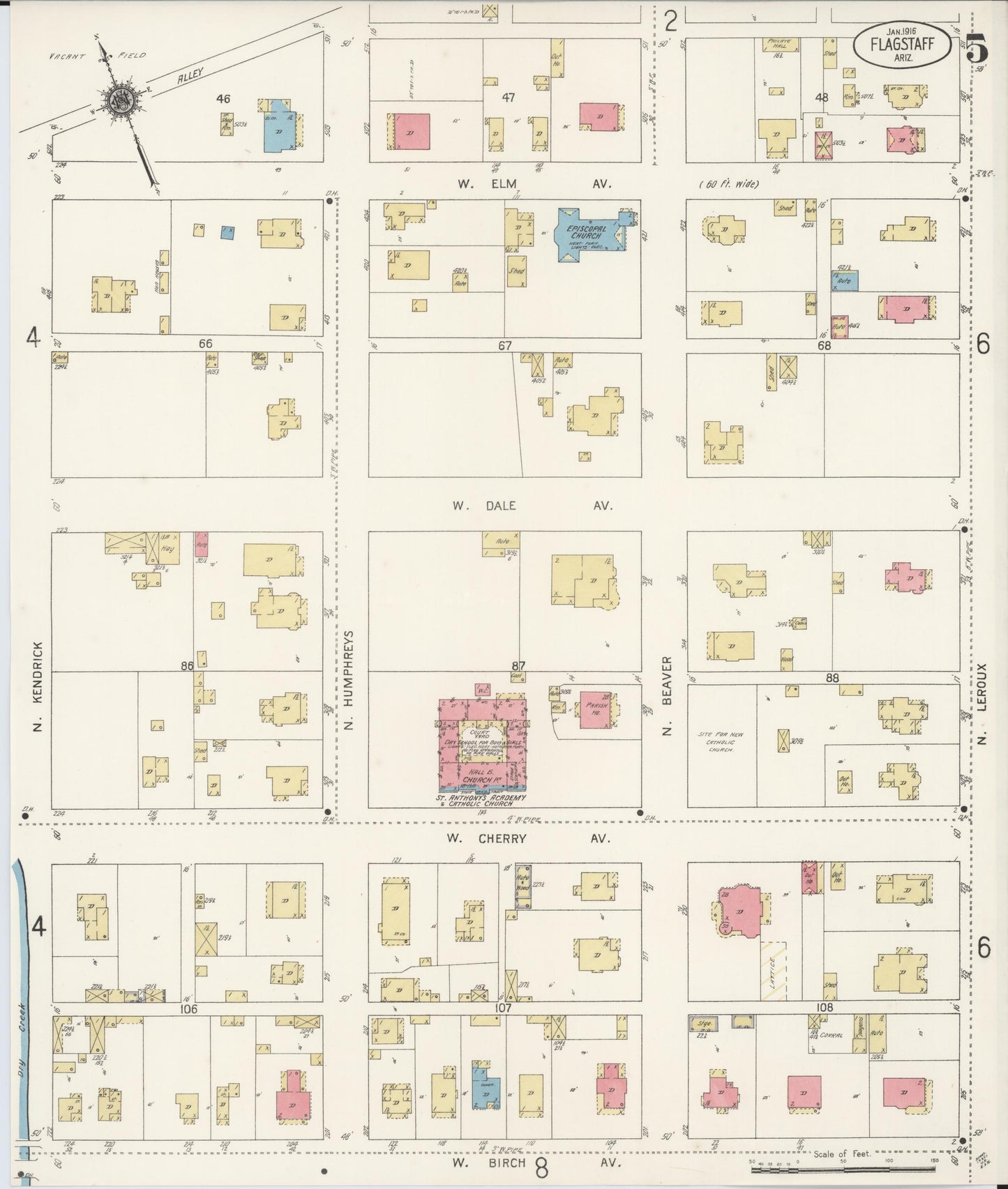 Sanborn Fire Insurance Map from Flagstaff, Coconino County, Arizona (1916), Sheet #0005 - Historic Sanborn Fire Insurance Map Print, vintage old map wall art, antique decor, genealogy gift, Arizona Arizona map