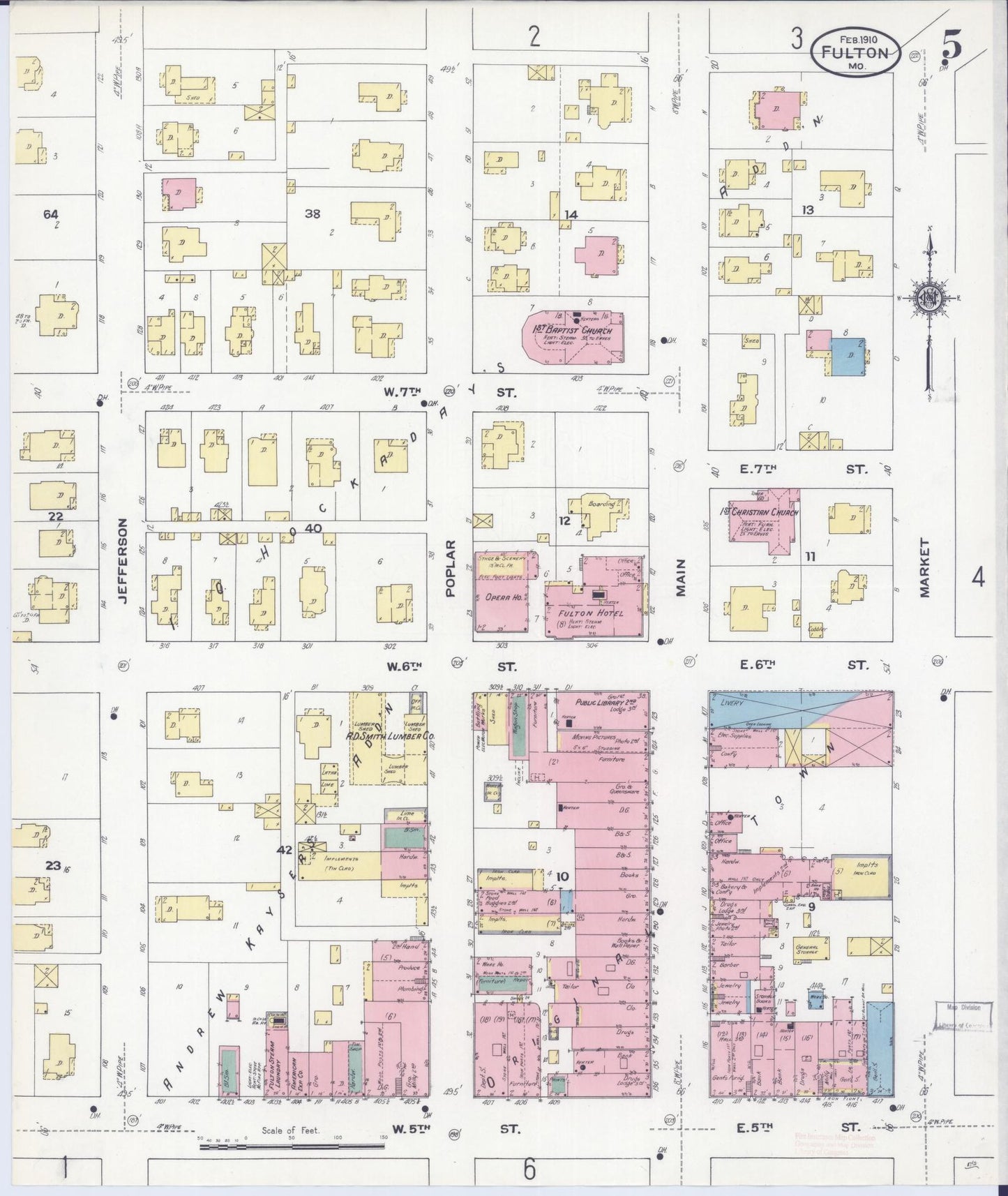 Sanborn Fire Insurance Map from Fulton, Callaway County, Missouri (1910), Sheet #0005 - Historic Sanborn Fire Insurance Map Print, vintage old map wall art, antique decor, genealogy gift, Missouri Missouri map