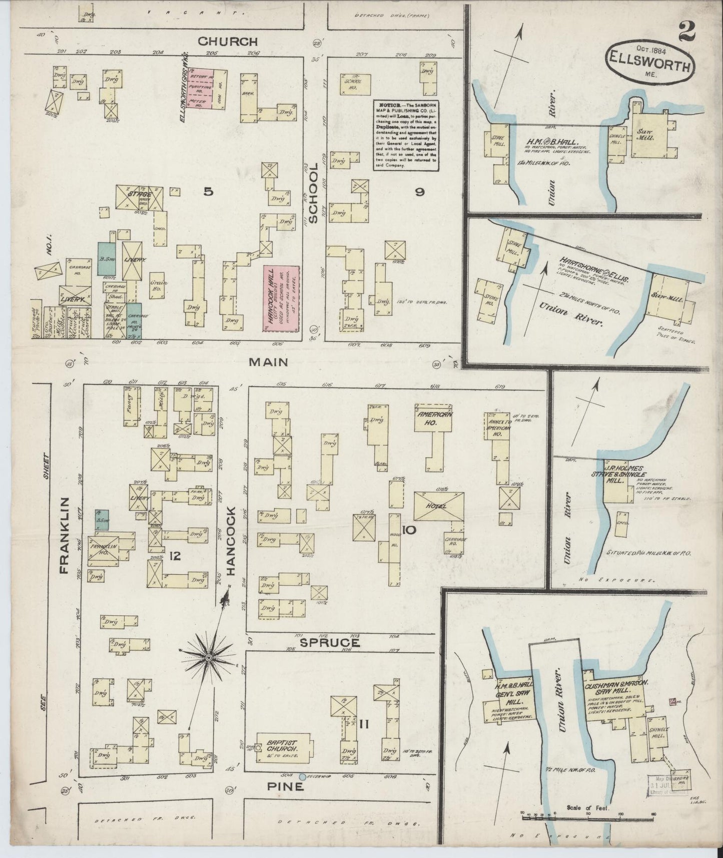 Sanborn Fire Insurance Map from Ellsworth, Hancock County, Maine (1884), Sheet #0002 - Complete Map Set gallery image, historic Sanborn map, vintage wall art, Maine Maine