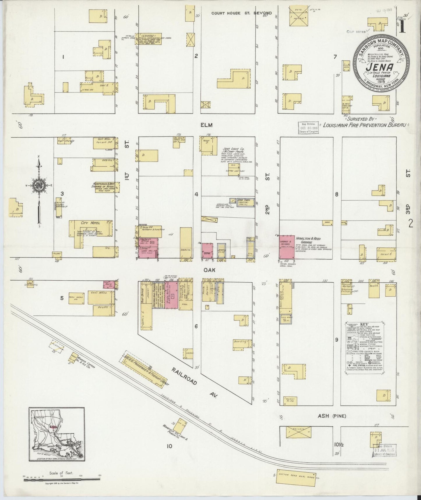 Sanborn Fire Insurance Map from Jena, La Salle Parish, Louisiana (1919), Sheet #0001 - Historic Sanborn Fire Insurance Map Print, vintage old map wall art, antique decor, genealogy gift, Louisiana Louisiana map