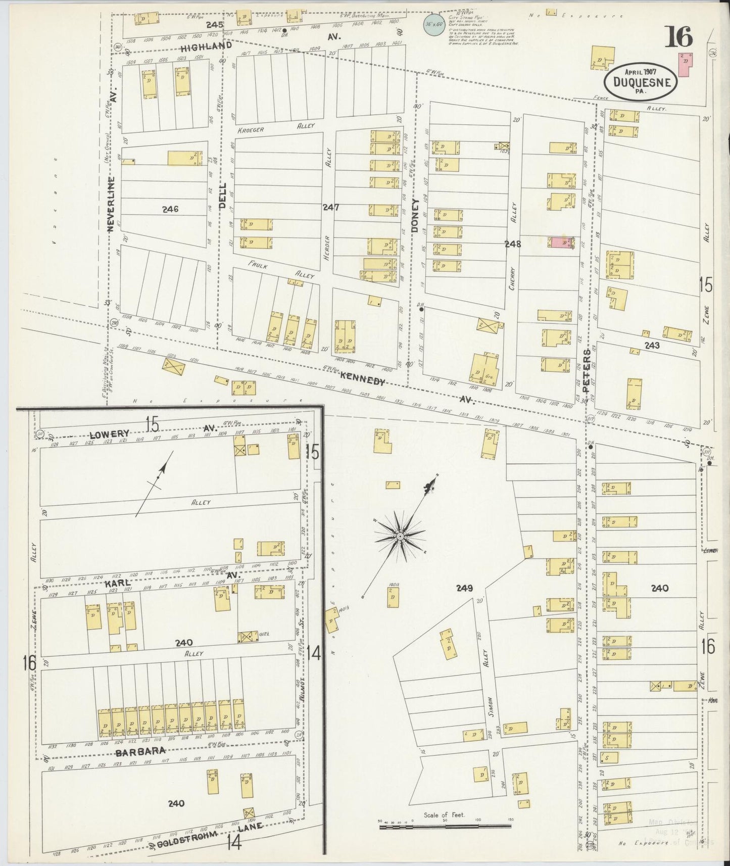 Sanborn Fire Insurance Map from Duquesne, Allegheny County, Pennsylvania (1907), Sheet #0016 - Historic Sanborn Fire Insurance Map Print, vintage old map wall art, antique decor, genealogy gift, Pennsylvania Pennsylvania map