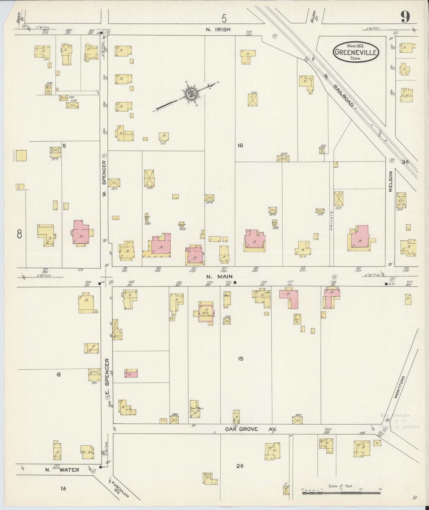 Sanborn Fire Insurance Map from Greeneville, Greene County, Tennessee (1913), Sheet #0009 - Complete Map Set gallery image, historic Sanborn map, vintage wall art, Tennessee Tennessee