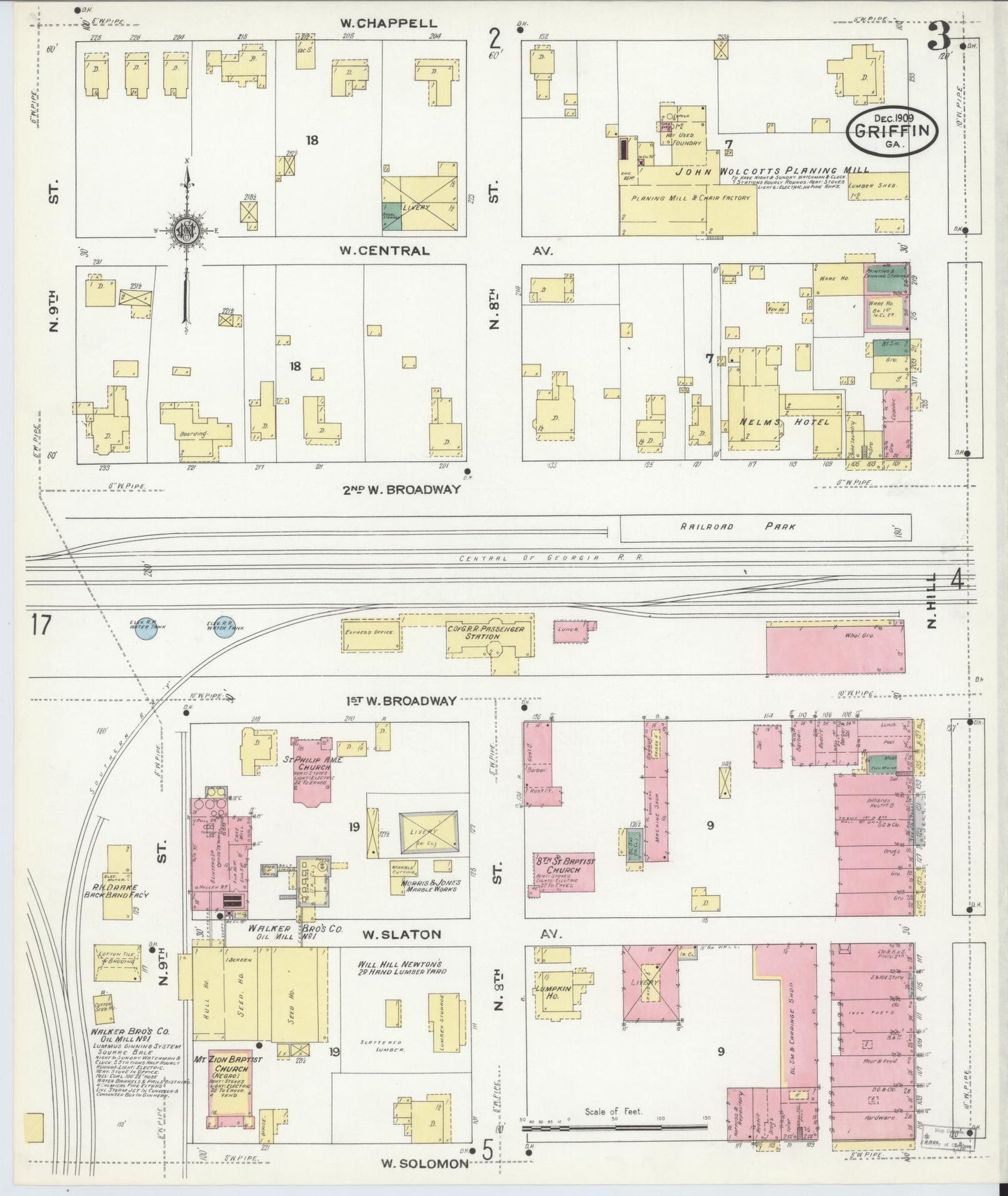 Sanborn Fire Insurance Map from Griffin, Spalding County, Georgia (1909), Sheet #0003 - Historic Sanborn Fire Insurance Map Print, vintage old map wall art, antique decor, genealogy gift, Georgia Georgia map