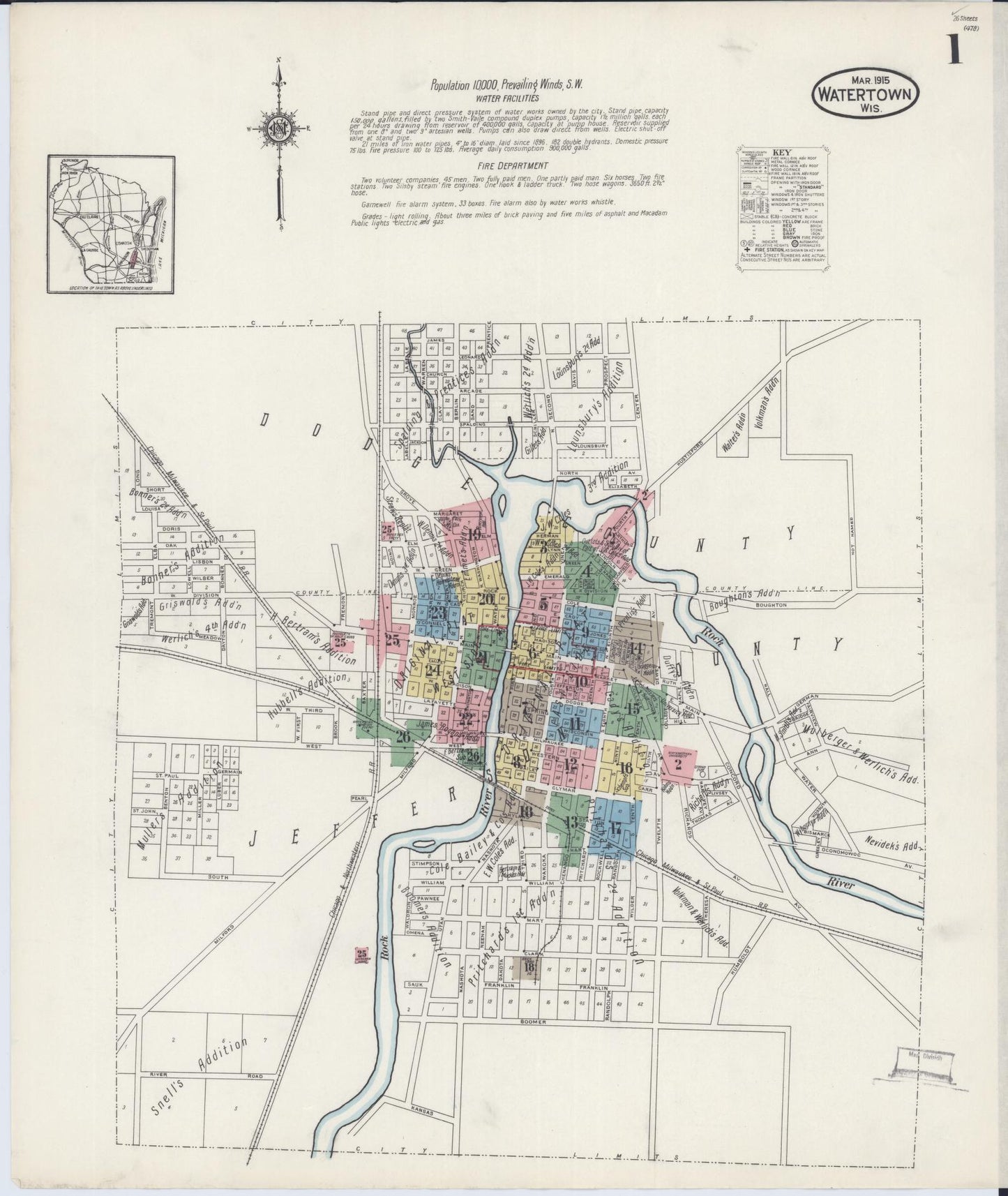Sanborn Fire Insurance Map from Watertown, Jefferson County, Wisconsin (1915), Sheet #0002 - Historic Sanborn Fire Insurance Map Print, vintage old map wall art, antique decor, genealogy gift, Wisconsin Wisconsin map