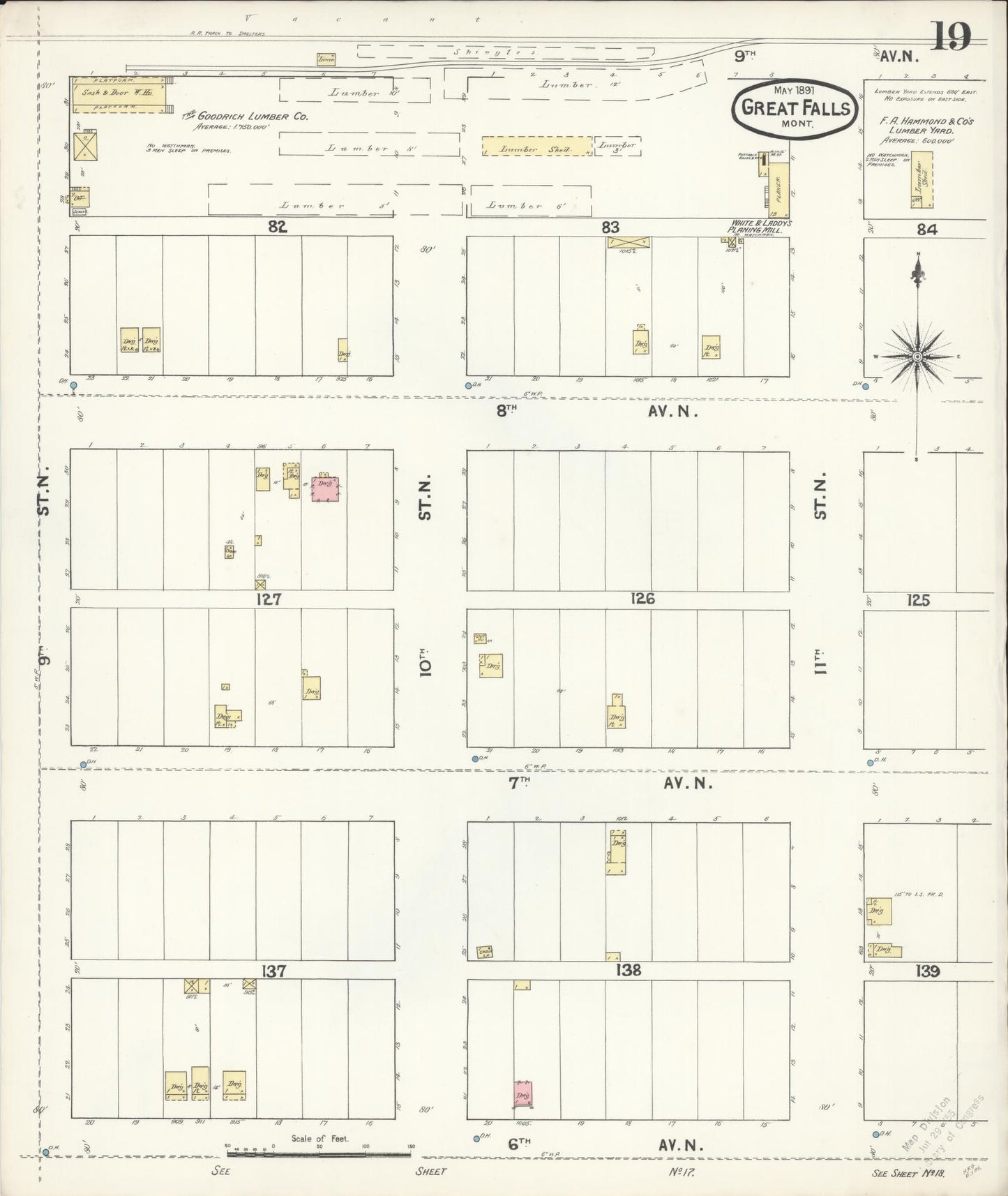 Sanborn Fire Insurance Map from Great Falls, Cascade County, Montana (1891), Sheet #0019 - Historic Sanborn Fire Insurance Map Print, vintage old map wall art, antique decor, genealogy gift, Montana Montana map
