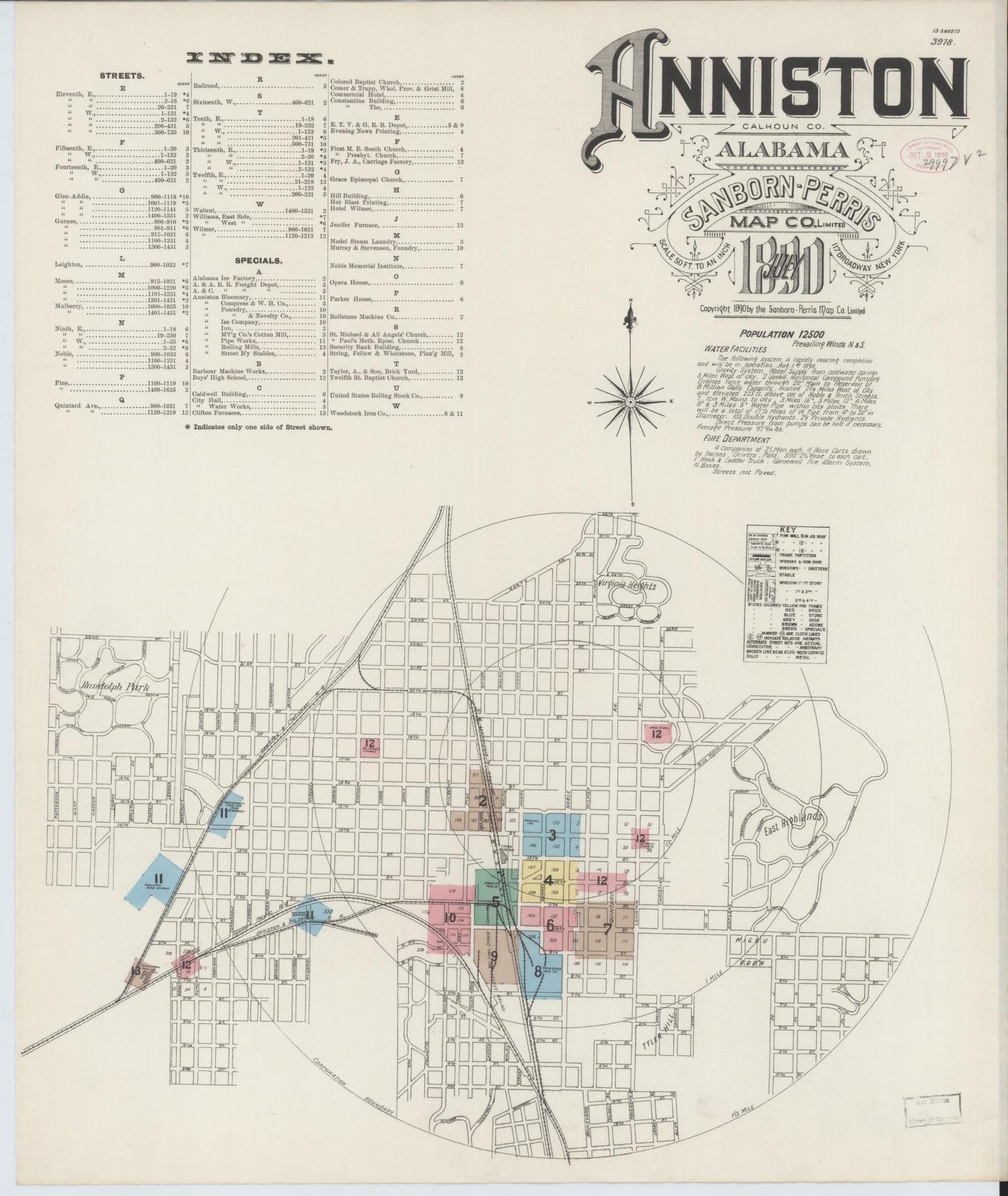 Sanborn Fire Insurance Map from Anniston, Calhoun County, Alabama (1890), Sheet #0001 - Historic Sanborn Fire Insurance Map Print, vintage old map wall art, antique decor, genealogy gift, Alabama Alabama map