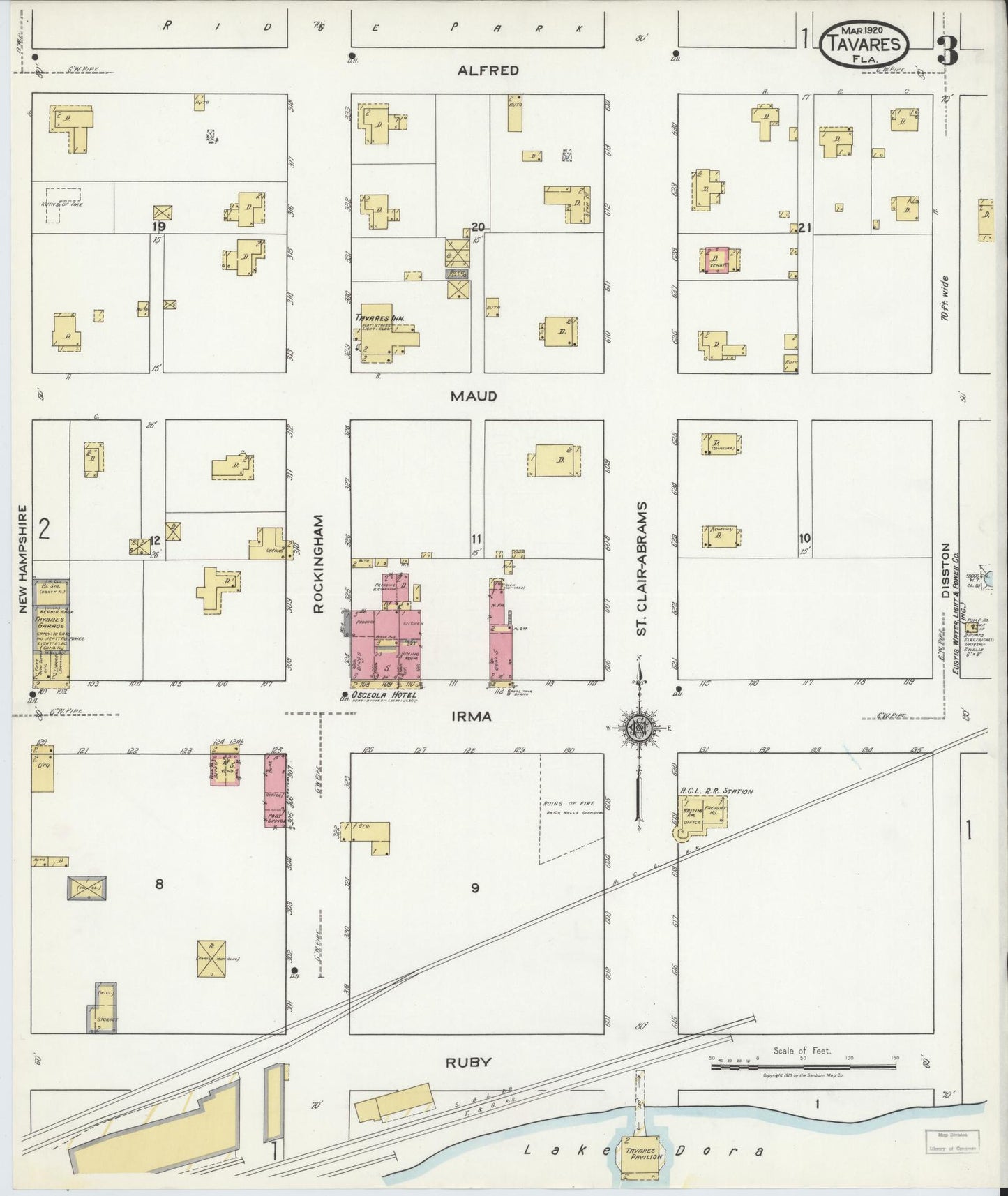 Sanborn Fire Insurance Map from Tavares, Lake County, Florida (1920), Sheet #0003 - Complete Map Set gallery image, historic Sanborn map, vintage wall art, Florida Florida