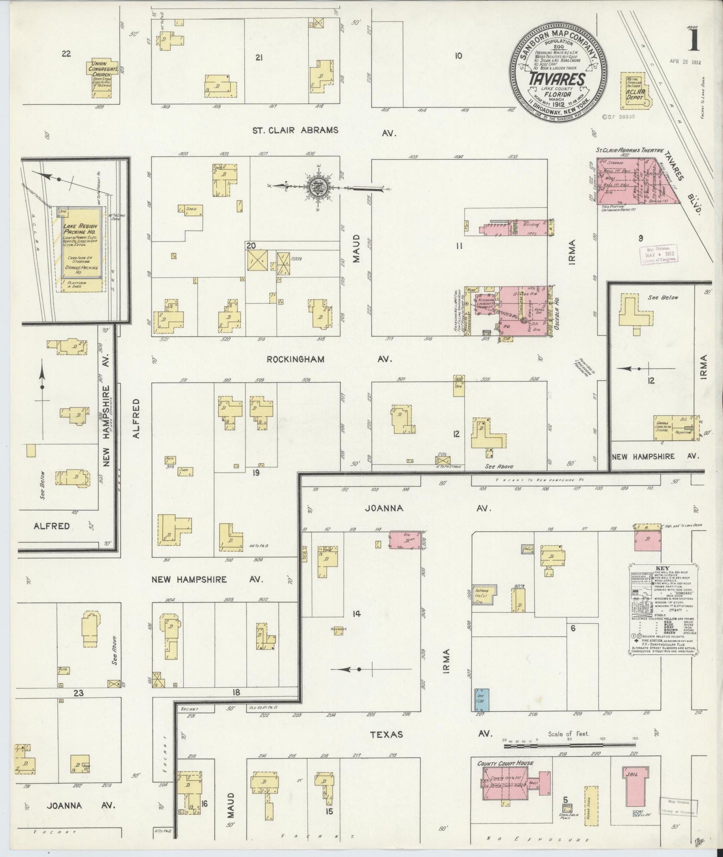 Sanborn Fire Insurance Map from Tavares, Lake County, Florida (1912), Sheet #0001 - Historic Sanborn Fire Insurance Map Print, vintage old map wall art, antique decor, genealogy gift, Florida Florida map