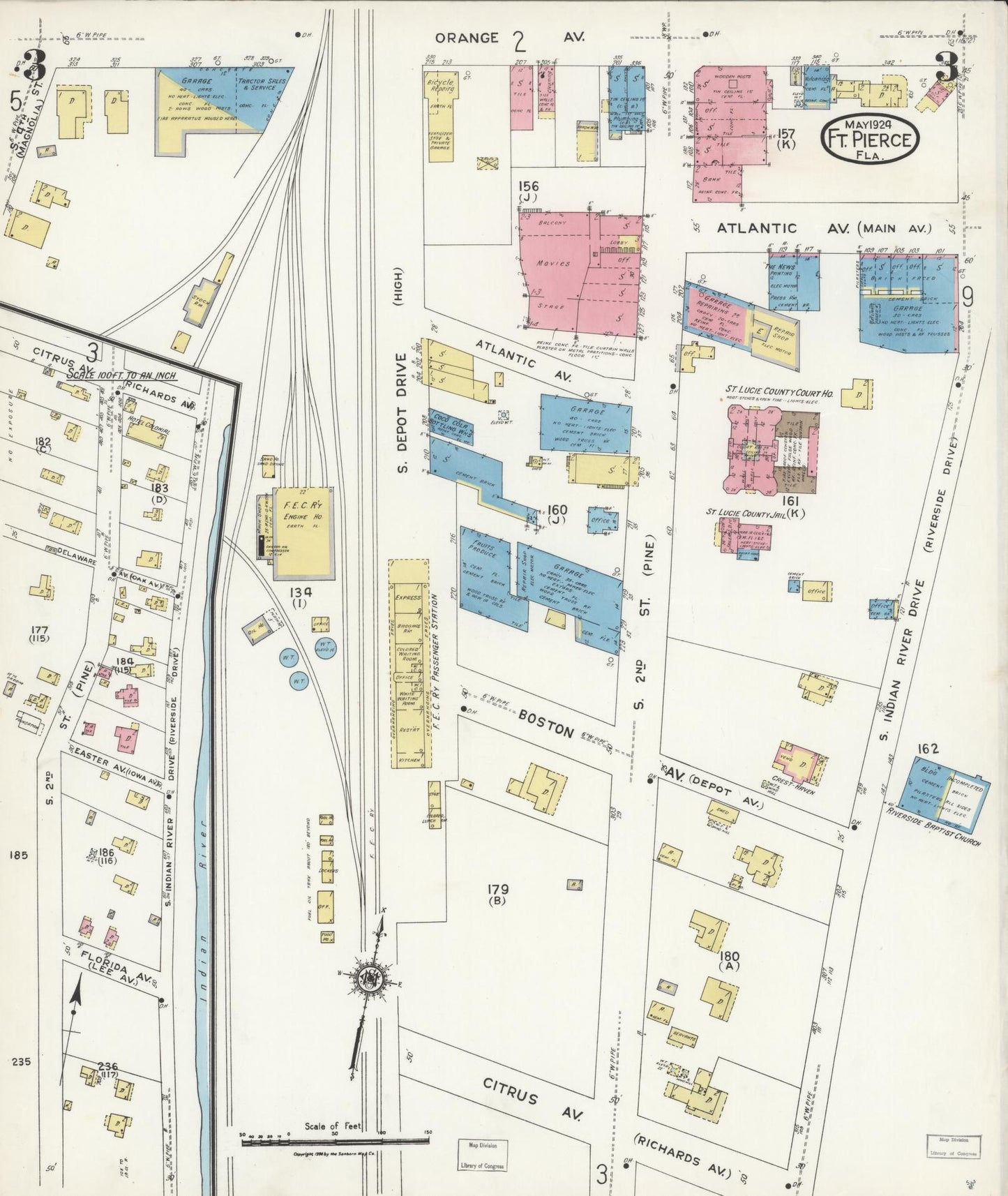 Sanborn Fire Insurance Map from Fort Pierce, St Lucie County, Florida (1924), Sheet #0003 - Historic Sanborn Fire Insurance Map Print, vintage old map wall art, antique decor, genealogy gift, Florida Florida map