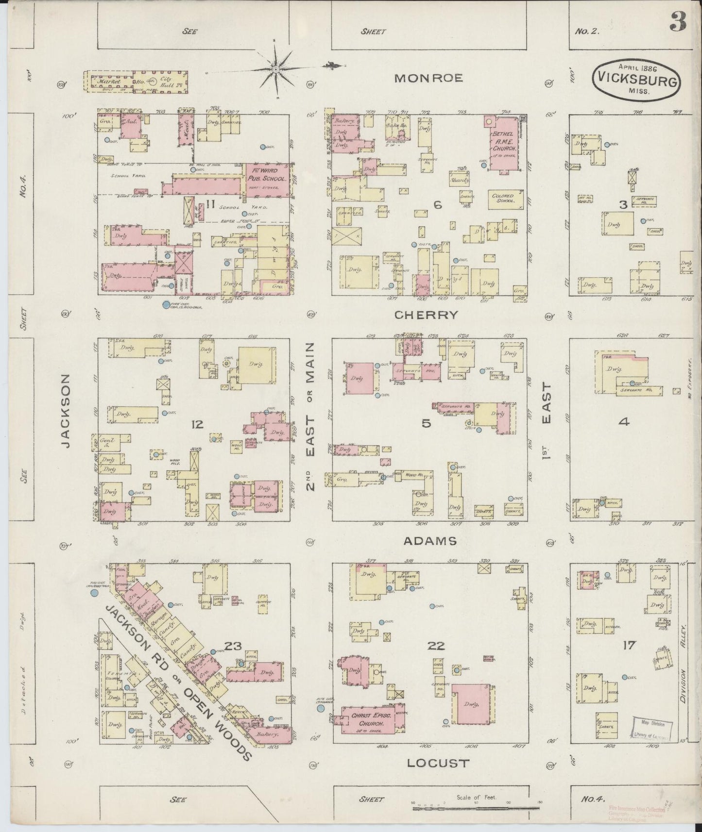 Sanborn Fire Insurance Map from Vicksburg, Warren County, Mississippi (1886), Sheet #0003 - Historic Sanborn Fire Insurance Map Print, vintage old map wall art, antique decor, genealogy gift, Mississippi Mississippi map
