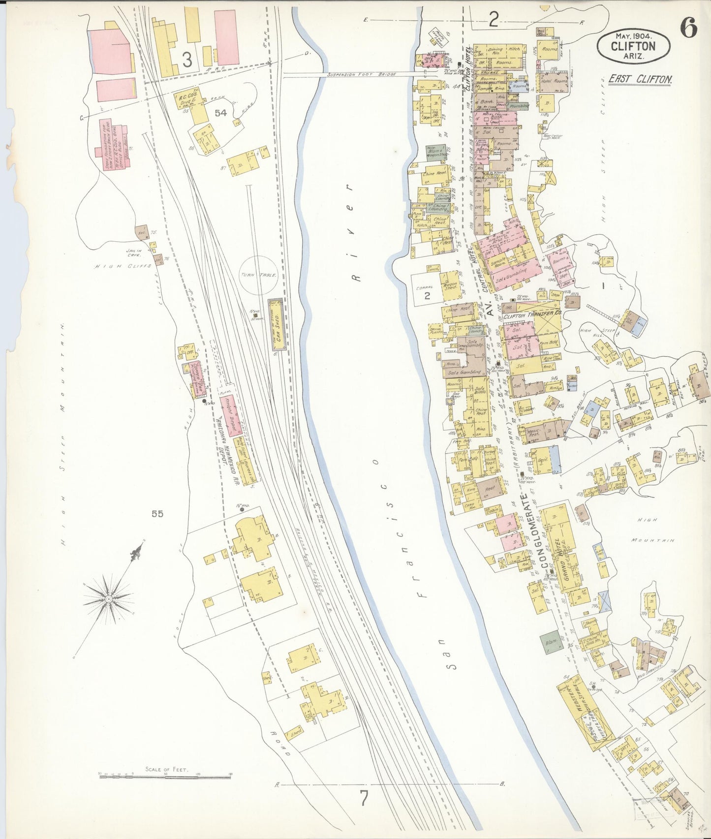 Sanborn Fire Insurance Map from Clifton, Greenlee County, Arizona (1904), Sheet #0006 - Historic Sanborn Fire Insurance Map Print, vintage old map wall art, antique decor, genealogy gift, Arizona Arizona map