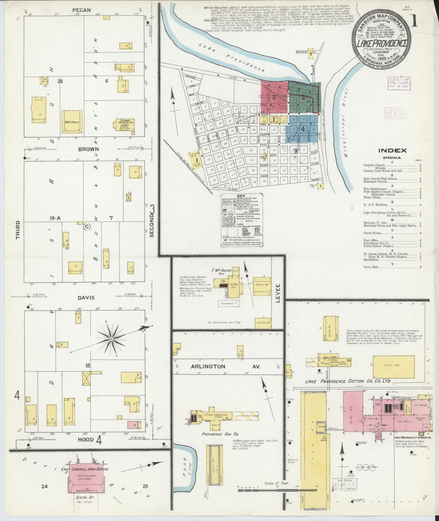 Sanborn Fire Insurance Map from Lake Providence, East Carroll Parish, Louisiana (1909), Sheet #0001 - Historic Sanborn Fire Insurance Map Print, vintage old map wall art, antique decor, genealogy gift, Louisiana Louisiana map