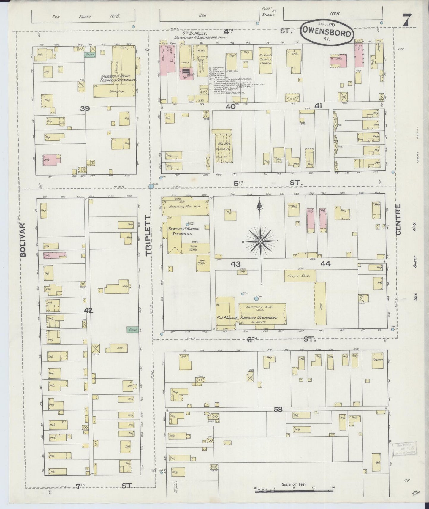 Sanborn Fire Insurance Map from Owensboro, Daviess County, Kentucky (1890), Sheet #0007 - Historic Sanborn Fire Insurance Map Print, vintage old map wall art, antique decor, genealogy gift, Kentucky Kentucky map