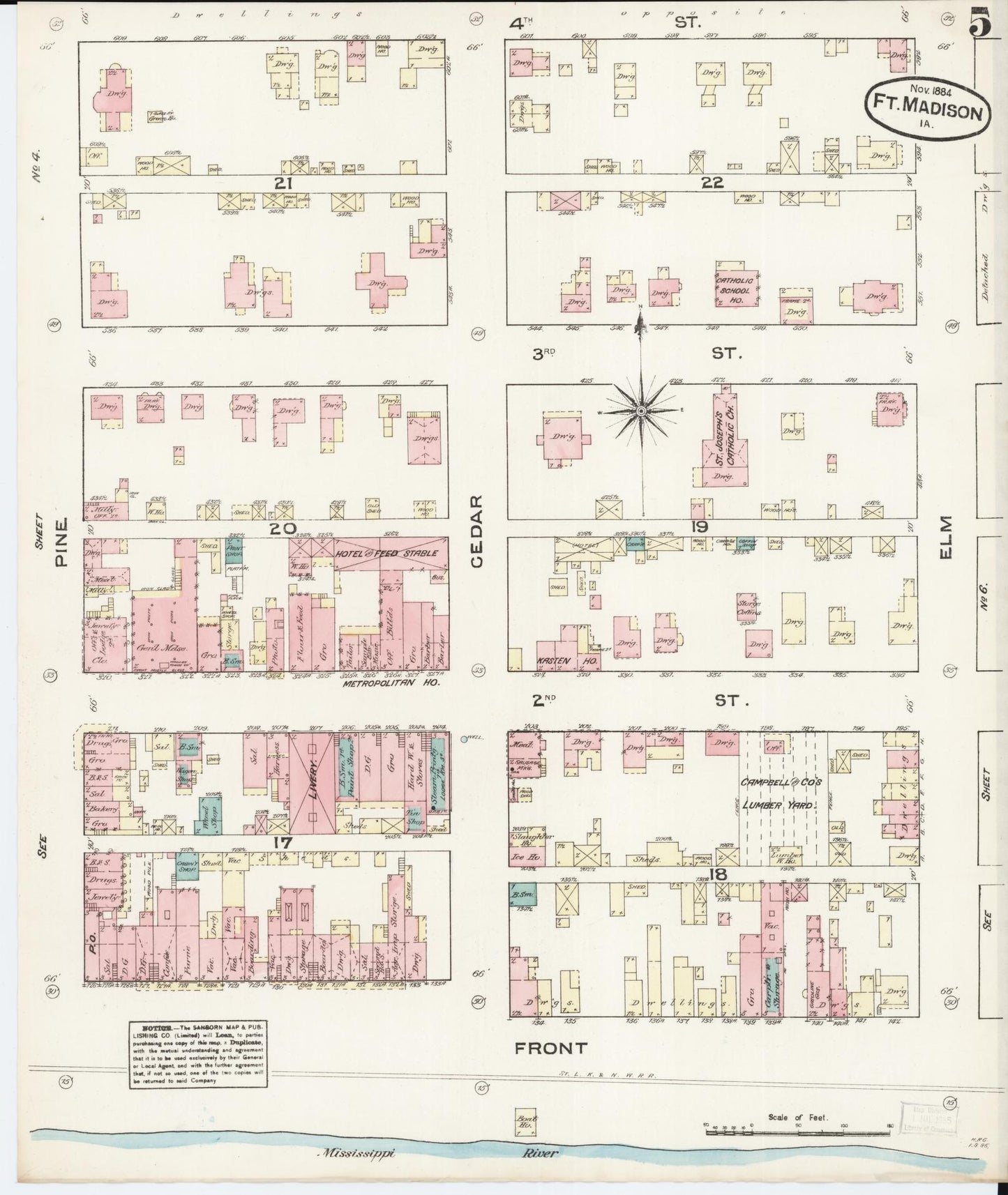 Sanborn Fire Insurance Map from Fort Madison, Lee County, Iowa (1884), Sheet #0005 - Historic Sanborn Fire Insurance Map Print, vintage old map wall art