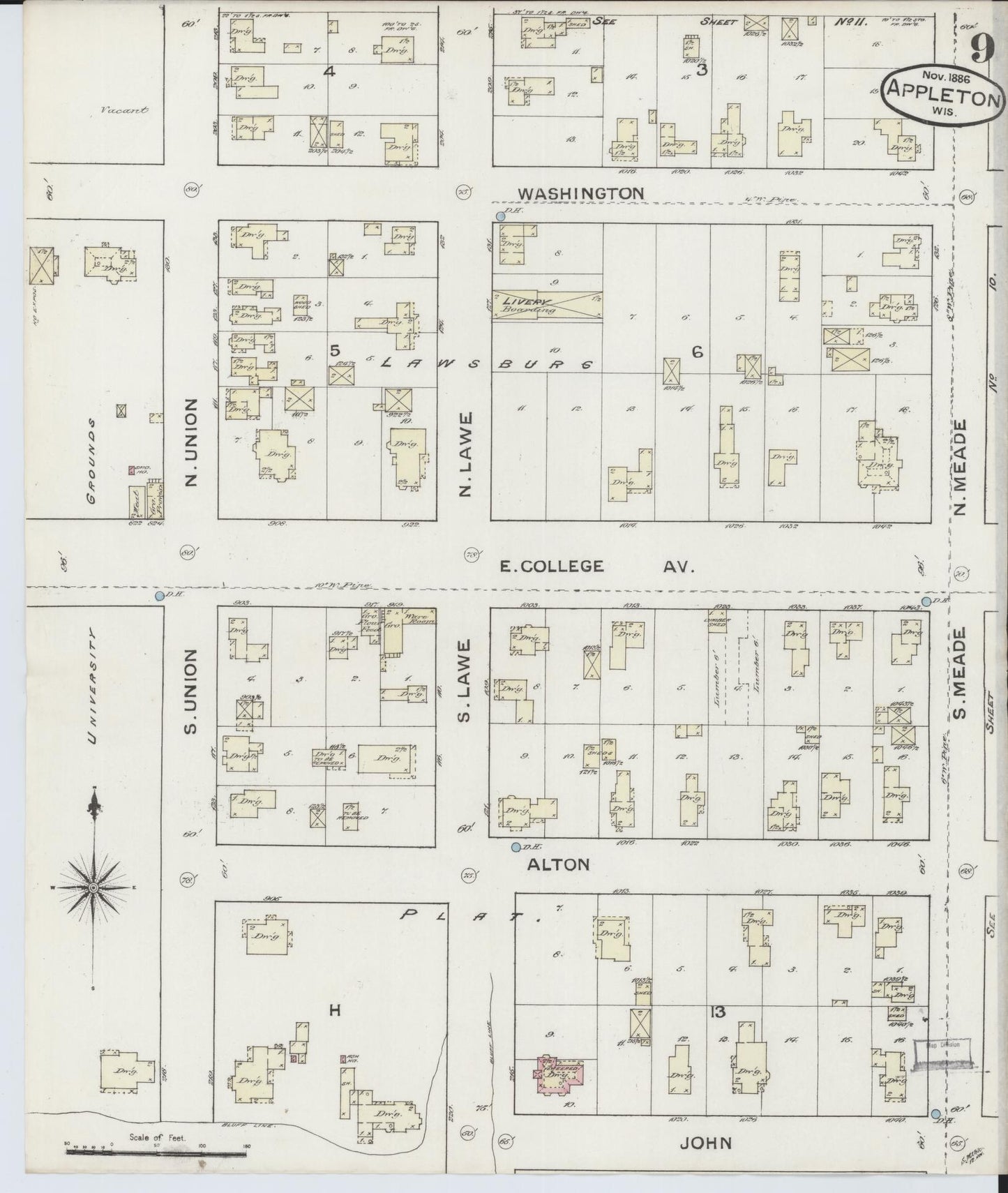 Sanborn Fire Insurance Map from Appleton, Outagamie County, Wisconsin (1886), Sheet #0009 - Historic Sanborn Fire Insurance Map Print, vintage old map wall art, antique decor, genealogy gift, Wisconsin Wisconsin map