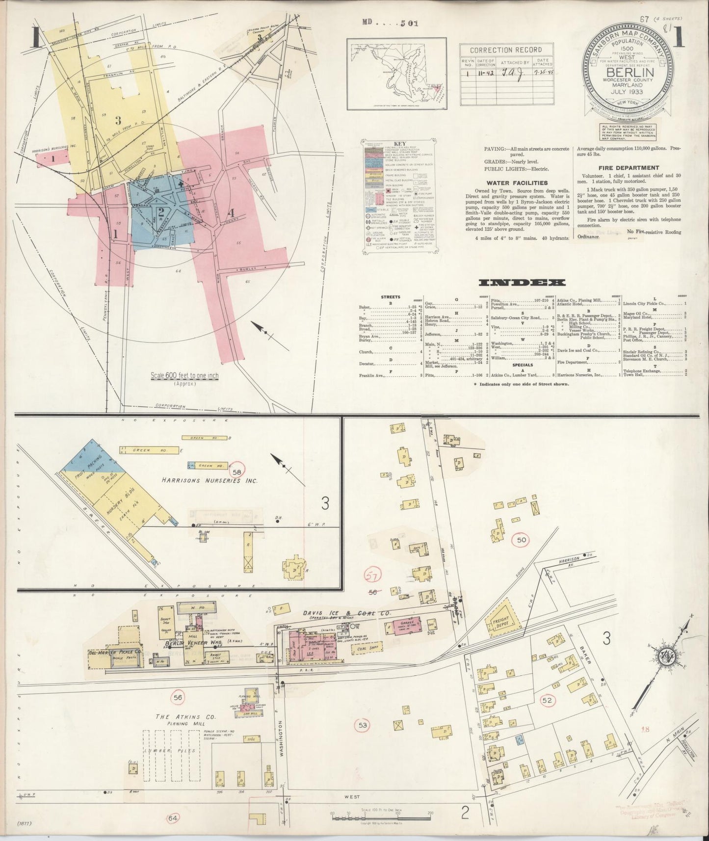 Sanborn Fire Insurance Map from Berlin, Worcester County, Maryland (1942), Sheet #0001 - Historic Sanborn Fire Insurance Map Print, vintage old map wall art, antique decor, genealogy gift, Maryland Maryland map