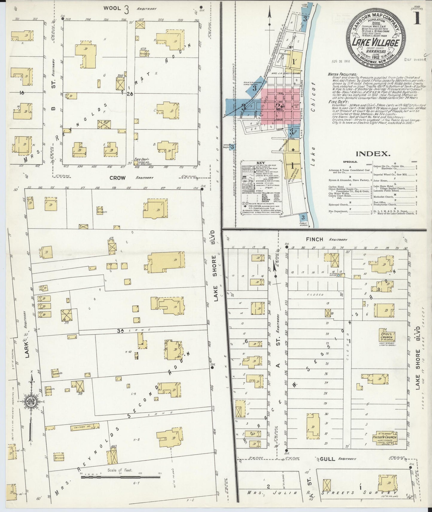 Sanborn Fire Insurance Map from Lake Village, Chicot County, Arkansas (1912), Sheet #0001 - Historic Sanborn Fire Insurance Map Print, vintage old map wall art, antique decor, genealogy gift, Arkansas Arkansas map