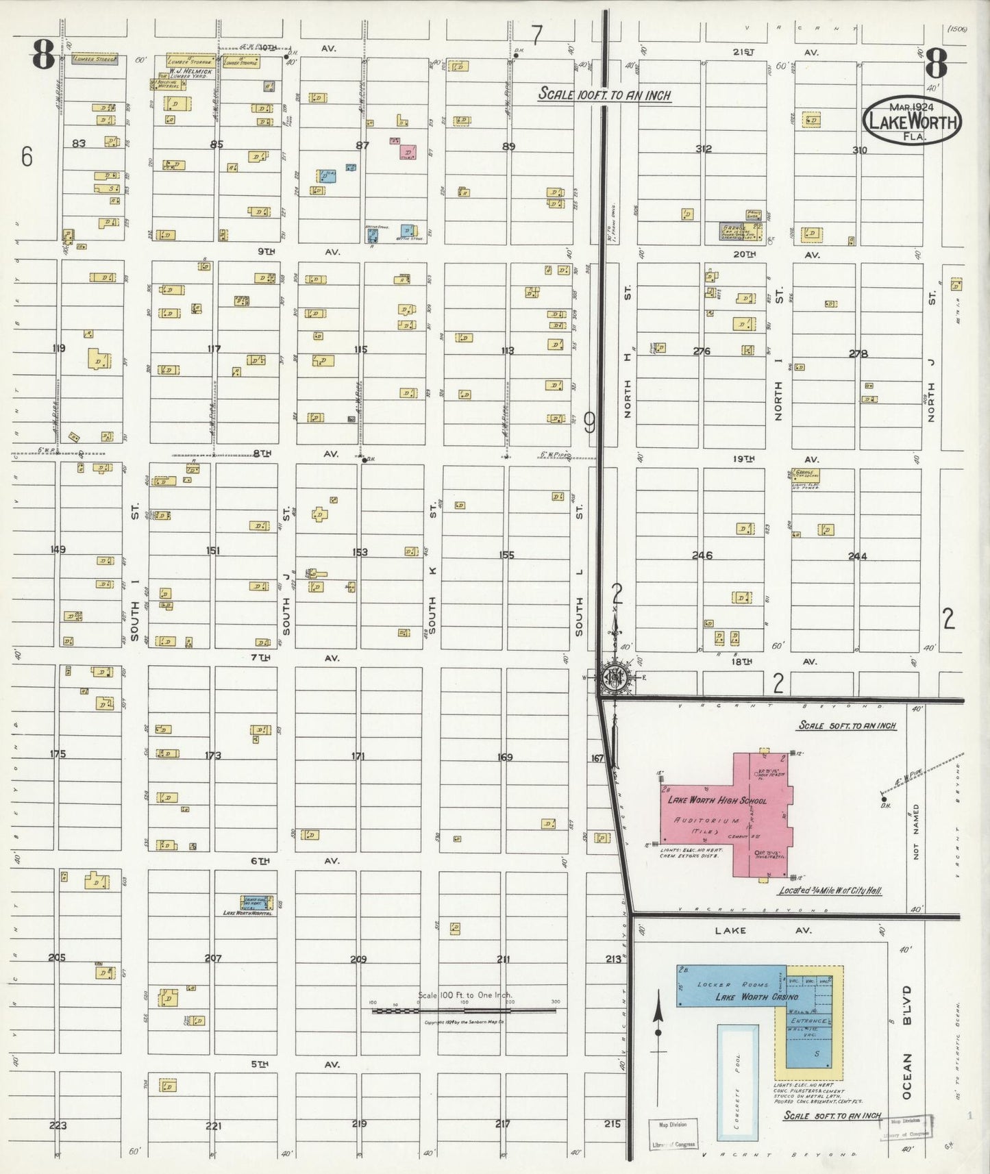 Sanborn Fire Insurance Map from Lake Worth, Palm Beach County, Florida (1924), Sheet #0008 - Historic Sanborn Fire Insurance Map Print, vintage old map wall art, antique decor, genealogy gift, Florida Florida map