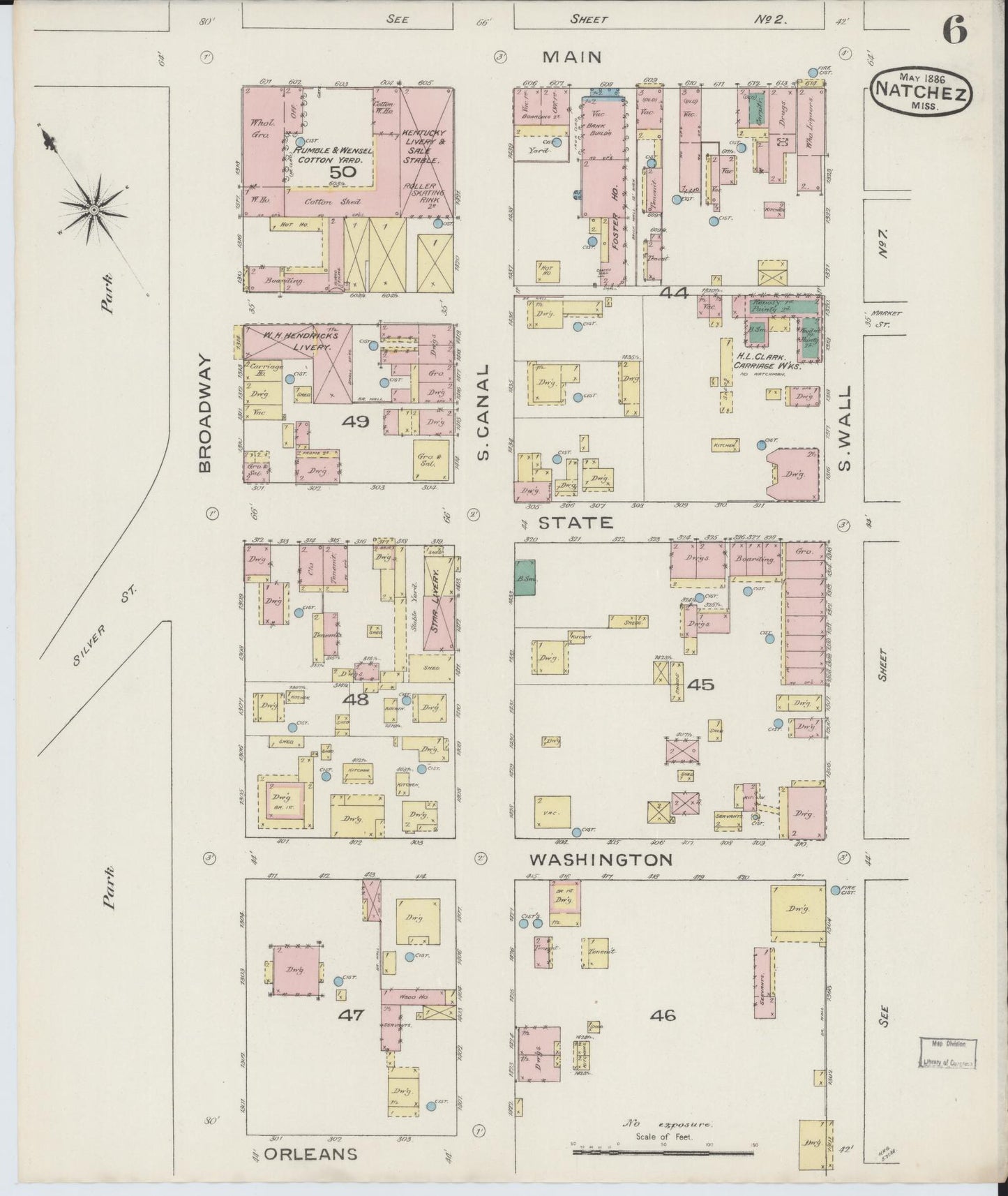 Sanborn Fire Insurance Map from Natchez, Adams County, Mississippi (1886), Sheet #0006 - Historic Sanborn Fire Insurance Map Print, vintage old map wall art, antique decor, genealogy gift, Mississippi Mississippi map