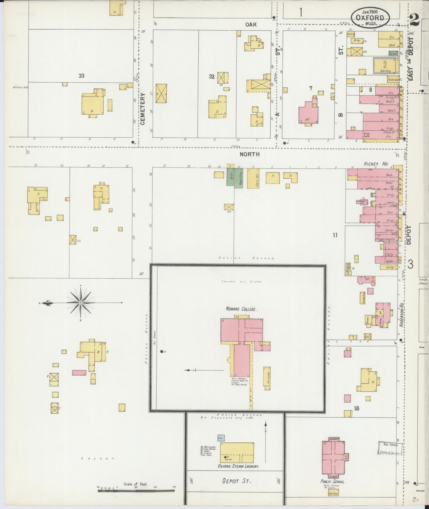 Sanborn Fire Insurance Map from Oxford, Lafayette County, Mississippi (1900), Sheet #0002 - Historic Sanborn Fire Insurance Map Print, vintage old map wall art, antique decor, genealogy gift, Mississippi Mississippi map