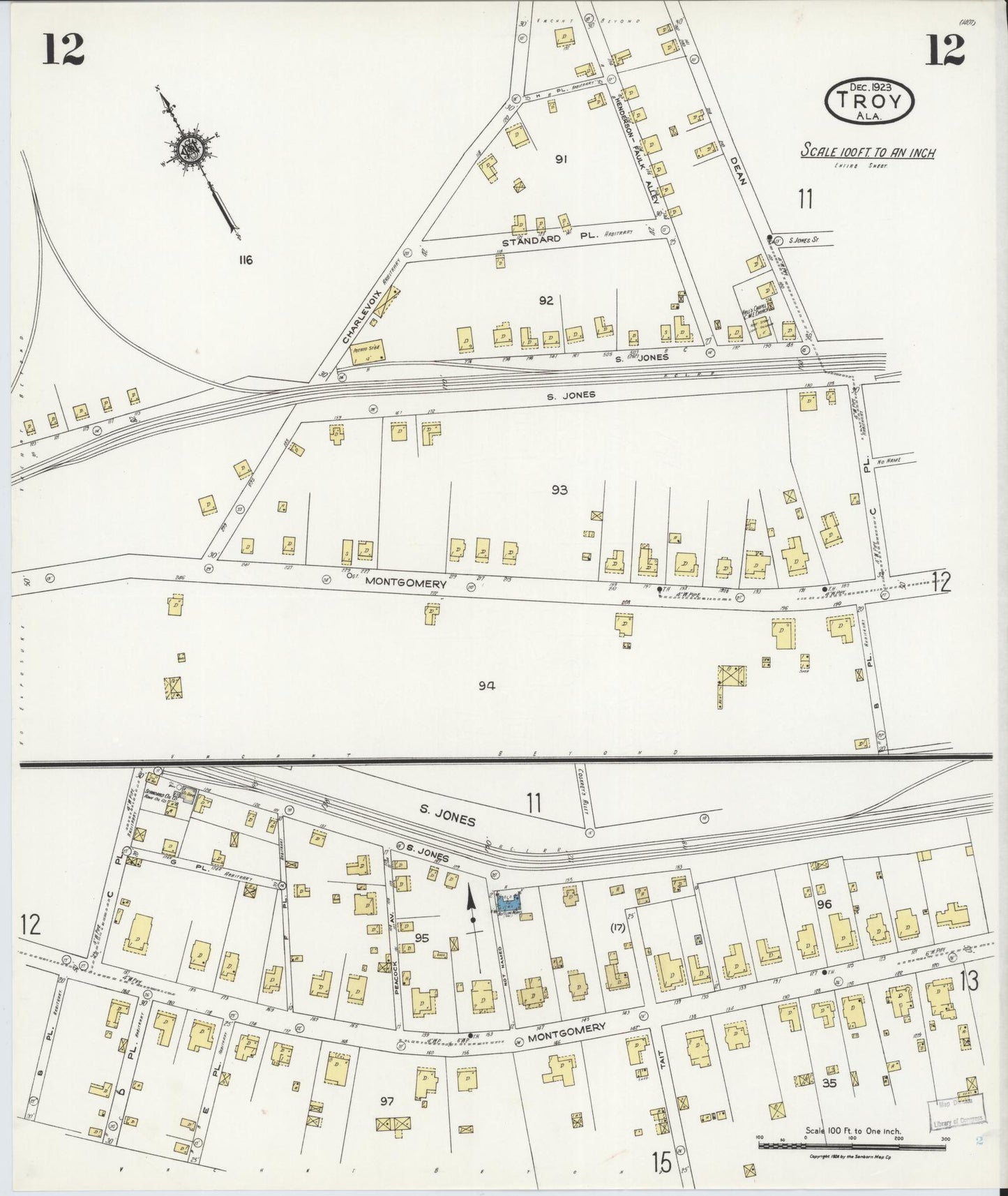Sanborn Fire Insurance Map from Troy, Pike County, Alabama (1923), Sheet #0012 - Historic Sanborn Fire Insurance Map Print, vintage old map wall art, antique decor, genealogy gift, Alabama Alabama map