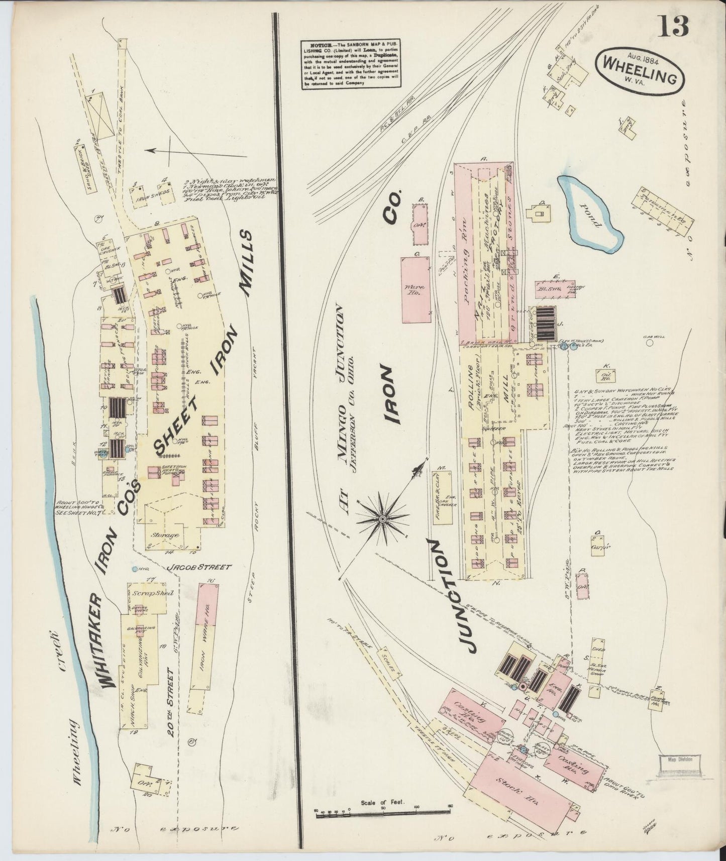 Sanborn Fire Insurance Map from Wheeling, Ohio County, West Virginia (1884), Sheet #0013 - Historic Sanborn Fire Insurance Map Print, vintage old map wall art, antique decor, genealogy gift, West Virginia West Virginia map