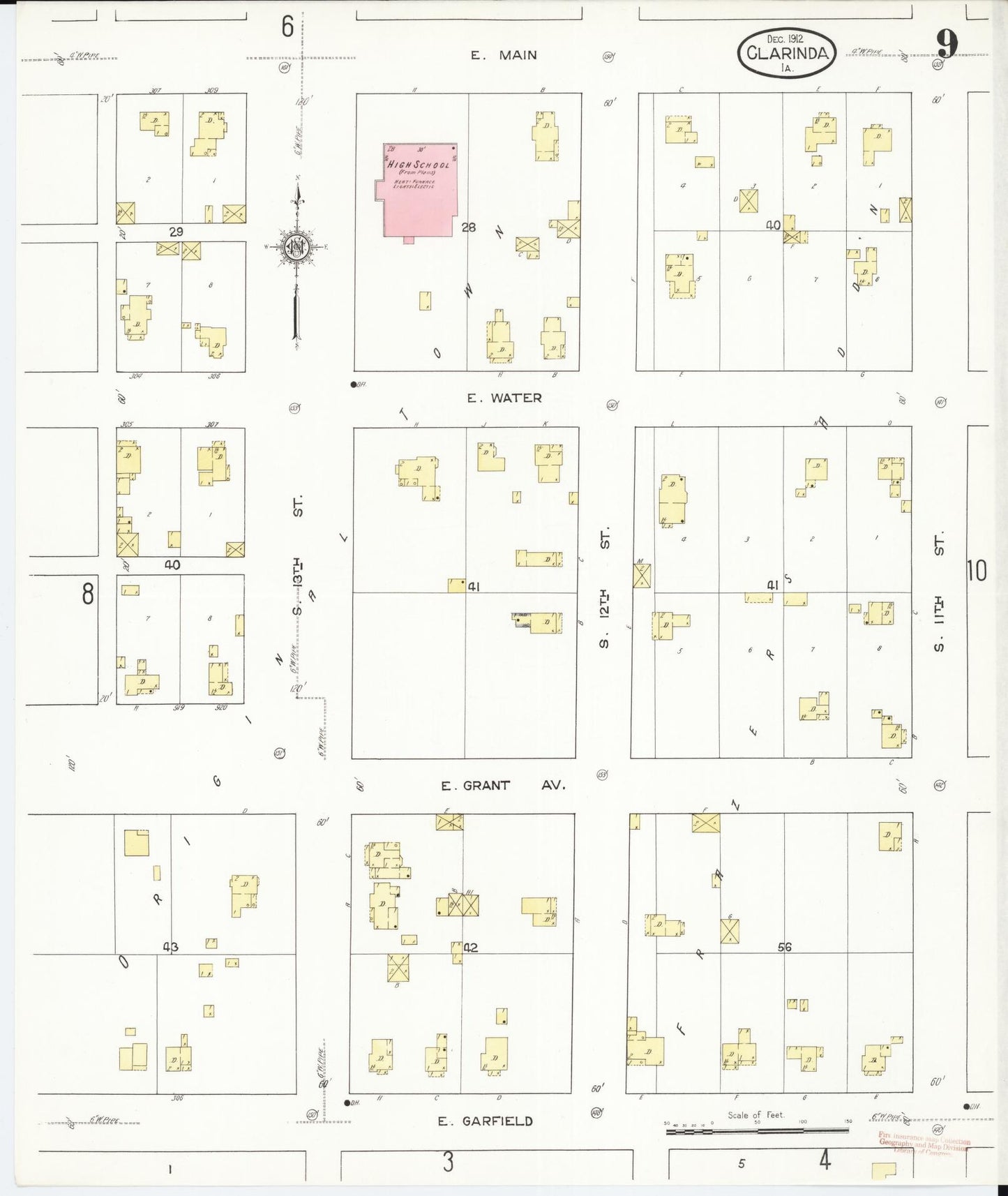 Sanborn Fire Insurance Map from Clarinda, Page County, Iowa (1912), Sheet #0009 - Historic Sanborn Fire Insurance Map Print, vintage old map wall art