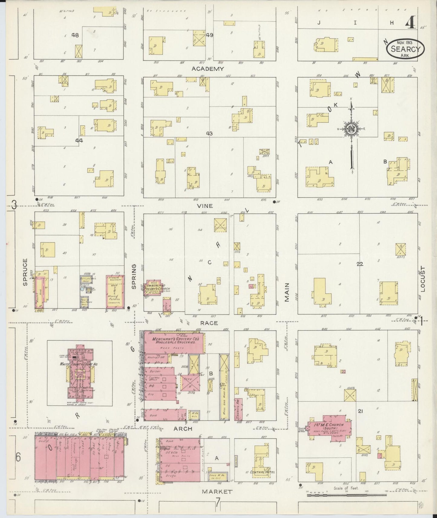 Sanborn Fire Insurance Map from Searcy, White County, Arkansas (1913), Sheet #0004 - Historic Sanborn Fire Insurance Map Print, vintage old map wall art, antique decor, genealogy gift, Arkansas Arkansas map