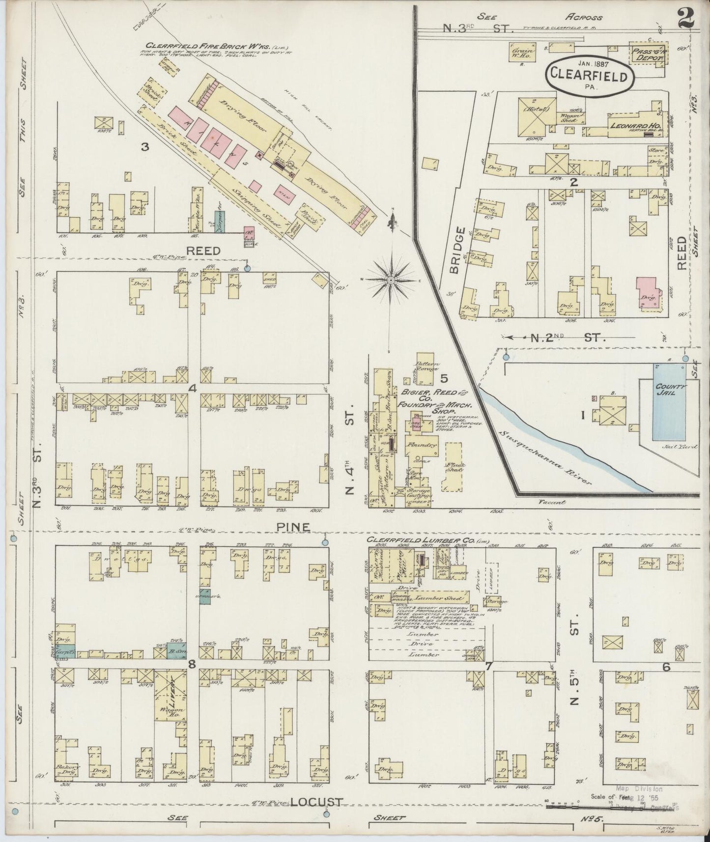 Sanborn Fire Insurance Map from Clearfield, Clearfield County, Pennsylvania (1887), Sheet #0002 - Historic Sanborn Fire Insurance Map Print, vintage old map wall art, antique decor, genealogy gift, Pennsylvania Pennsylvania map
