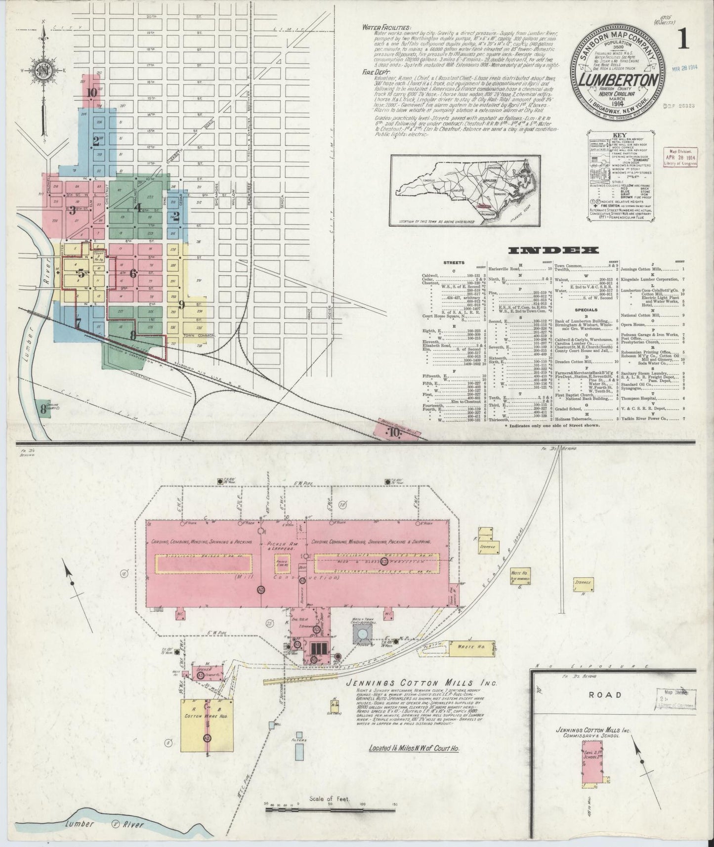 Sanborn Fire Insurance Map from Lumberton, Robeson County, North Carolina (1914), Sheet #0001 - Historic Sanborn Fire Insurance Map Print, vintage old map wall art, antique decor, genealogy gift, North Carolina North Carolina map