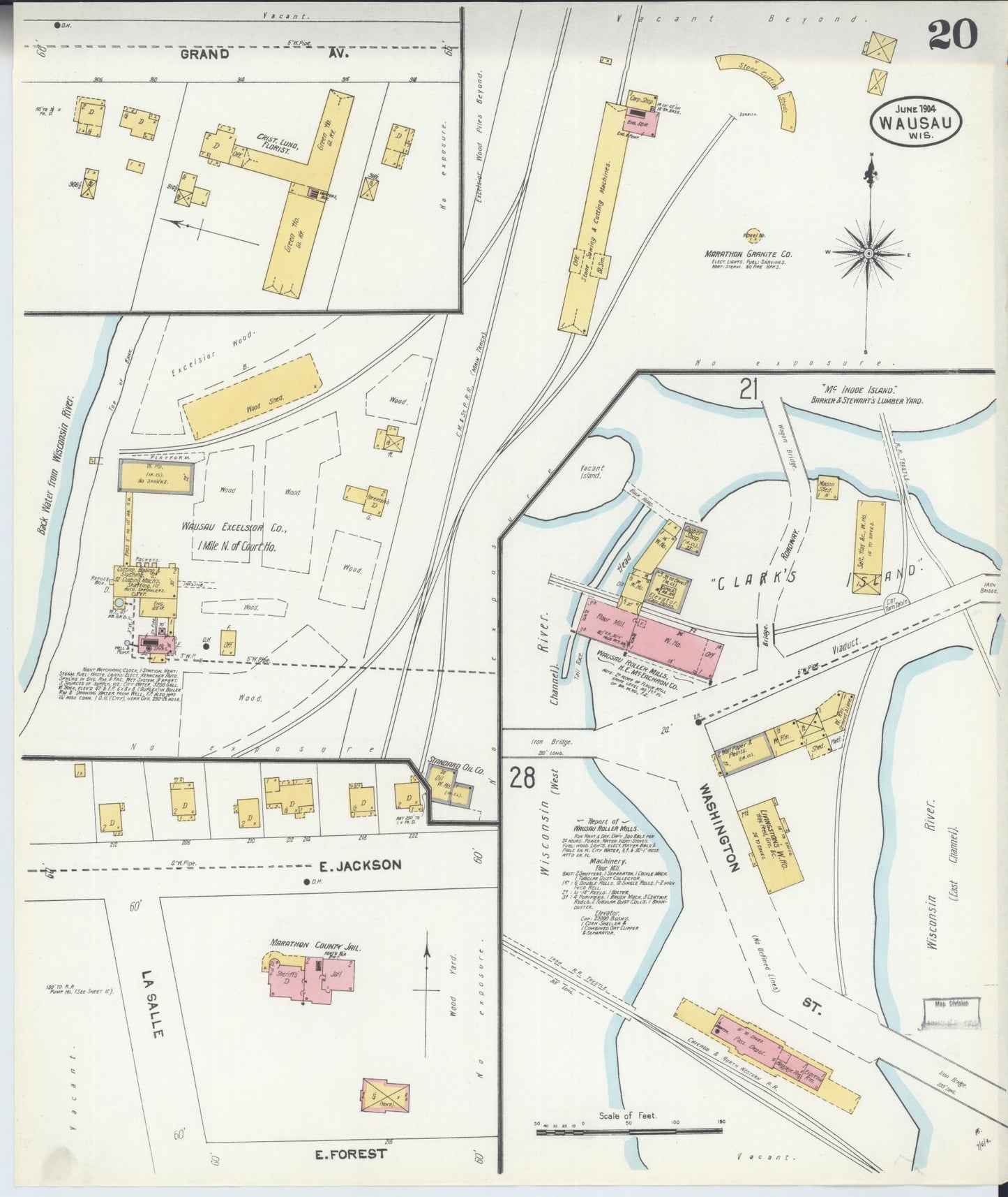 Sanborn Fire Insurance Map from Wausau, Marathon County, Wisconsin (1904), Sheet #0020 - Historic Sanborn Fire Insurance Map Print, vintage old map wall art, antique decor, genealogy gift, Wisconsin Wisconsin map