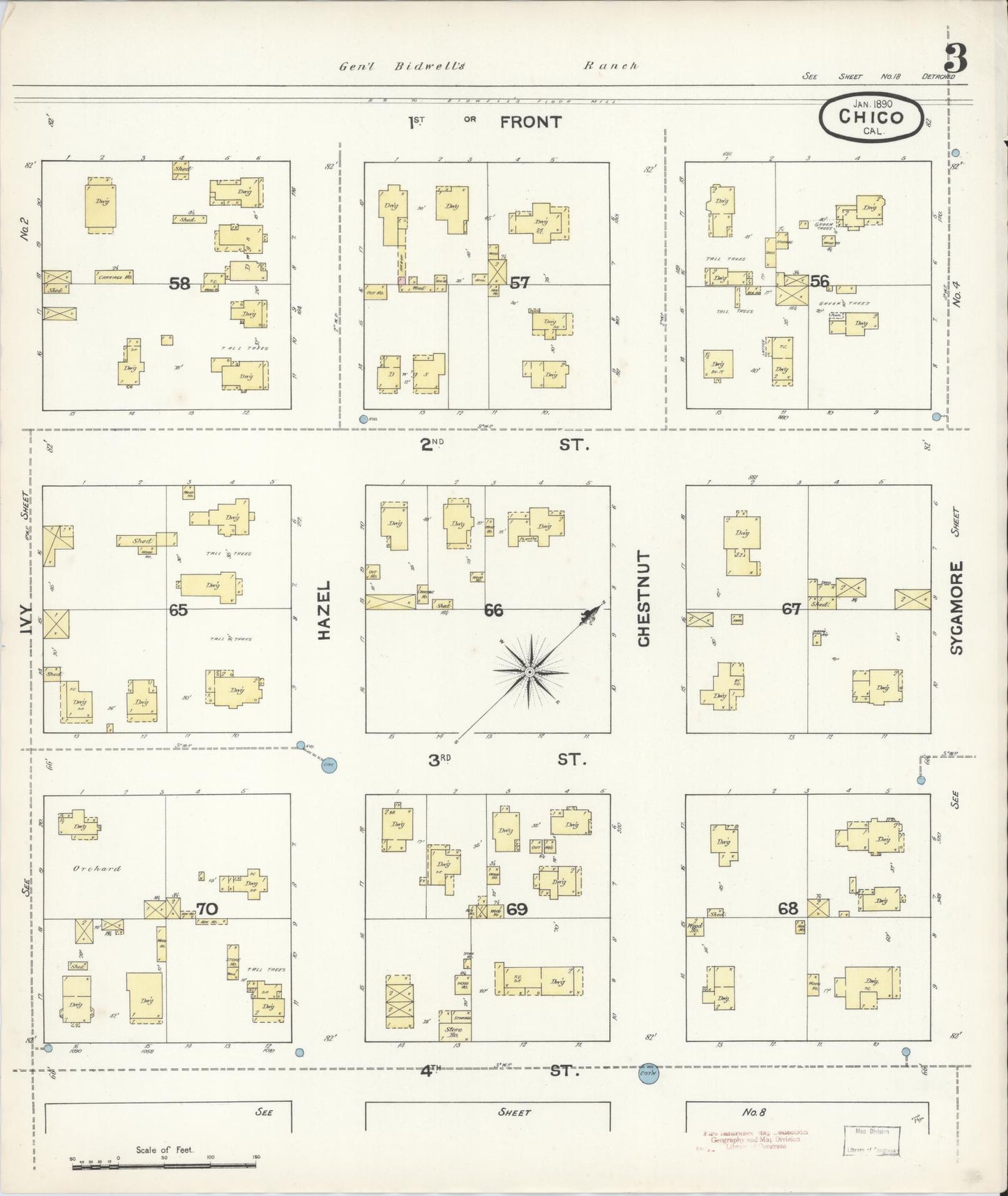 Sanborn Fire Insurance Map from Chico, Butte County, California (1890), Sheet #0003 - Historic Sanborn Fire Insurance Map Print, vintage old map wall art, antique decor, genealogy gift, California California map