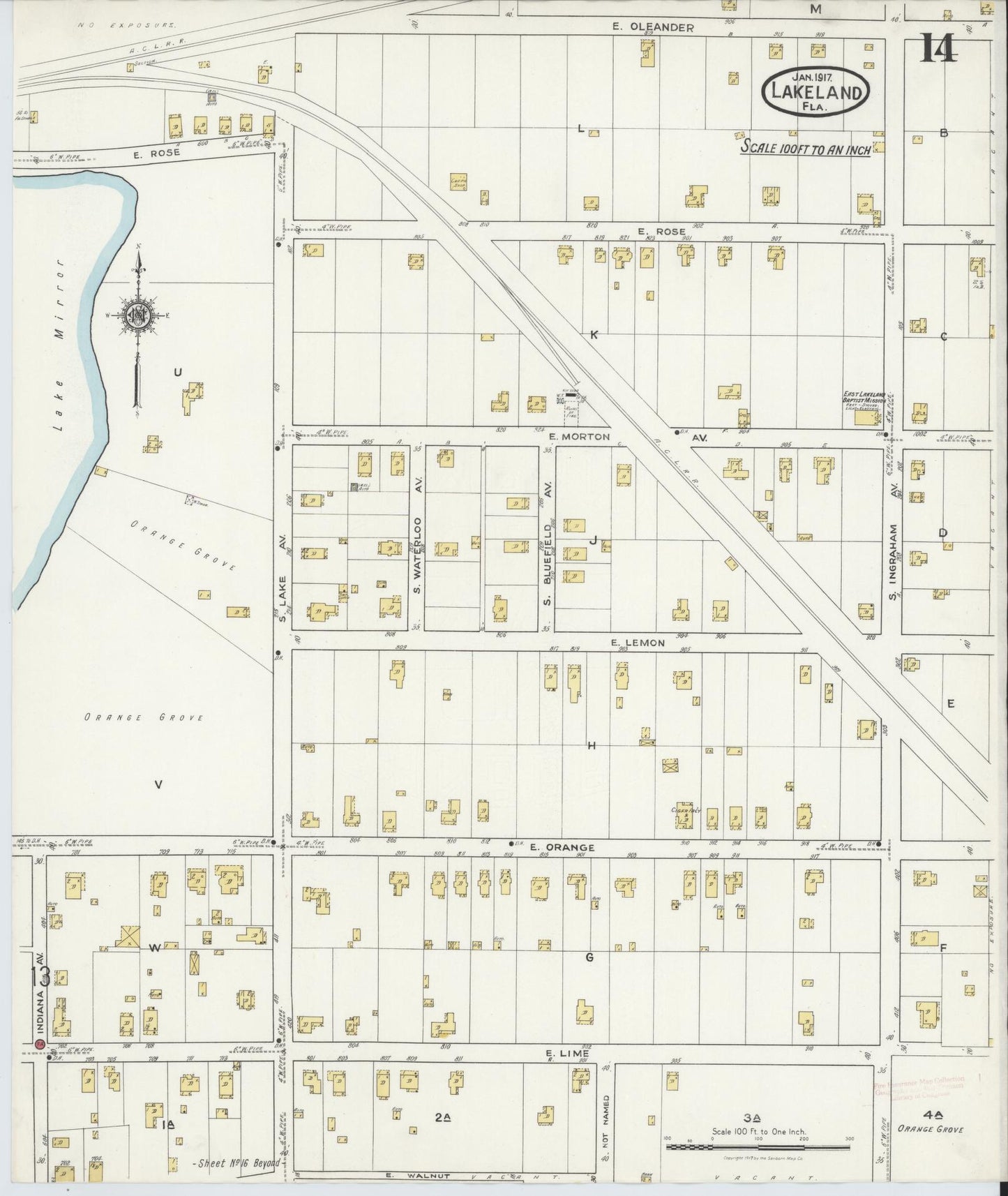 Sanborn Fire Insurance Map from Lakeland, Polk County, Florida (1917), Sheet #0014 - Historic Sanborn Fire Insurance Map Print, vintage old map wall art, antique decor, genealogy gift, Florida Florida map