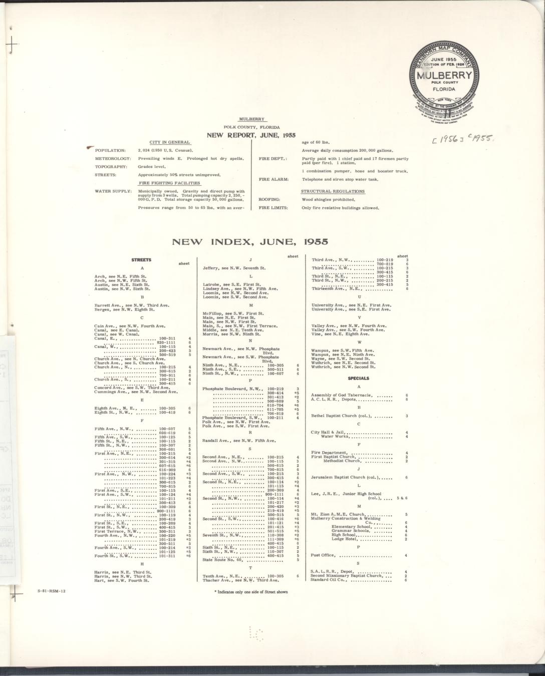 Sanborn Fire Insurance Map from Mulberry, Polk County, Florida (1955), Sheet #0001 - Historic Sanborn Fire Insurance Map Print, vintage old map wall art, antique decor, genealogy gift, Florida Florida map
