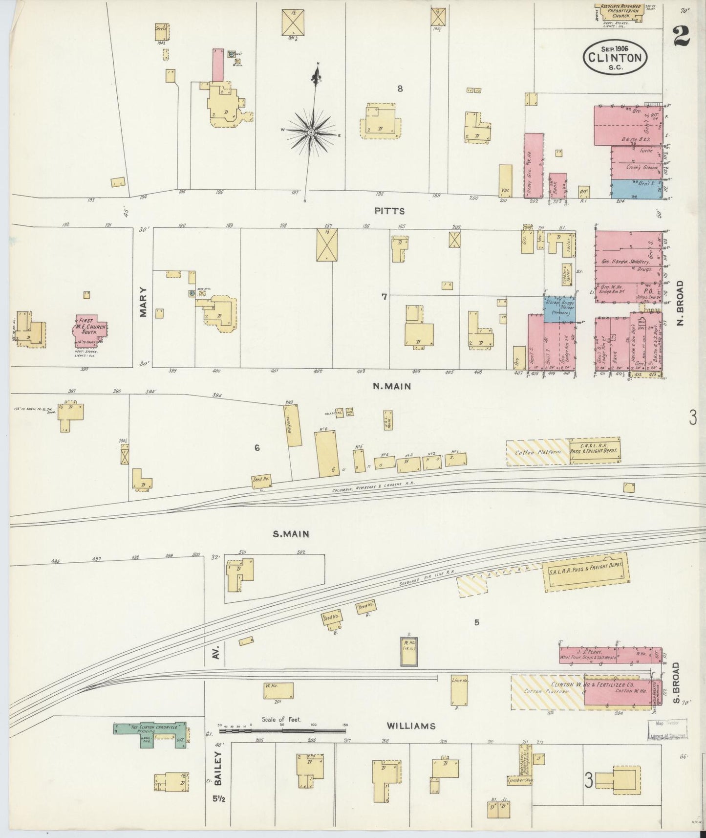 Sanborn Fire Insurance Map from Clinton, Laurens County, South Carolina (1906), Sheet #0002 - Historic Sanborn Fire Insurance Map Print, vintage old map wall art, antique decor, genealogy gift, South Carolina South Carolina map
