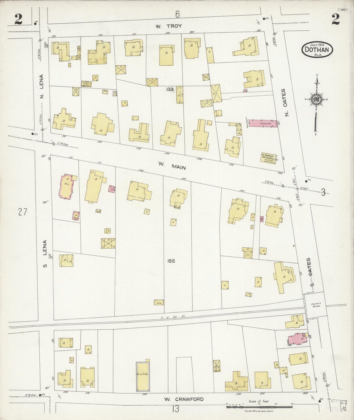 Sanborn Fire Insurance Map from Dothan, Houston County, Alabama (1924), Sheet #0002 - Historic Sanborn Fire Insurance Map Print, vintage old map wall art, antique decor, genealogy gift, Alabama Alabama map
