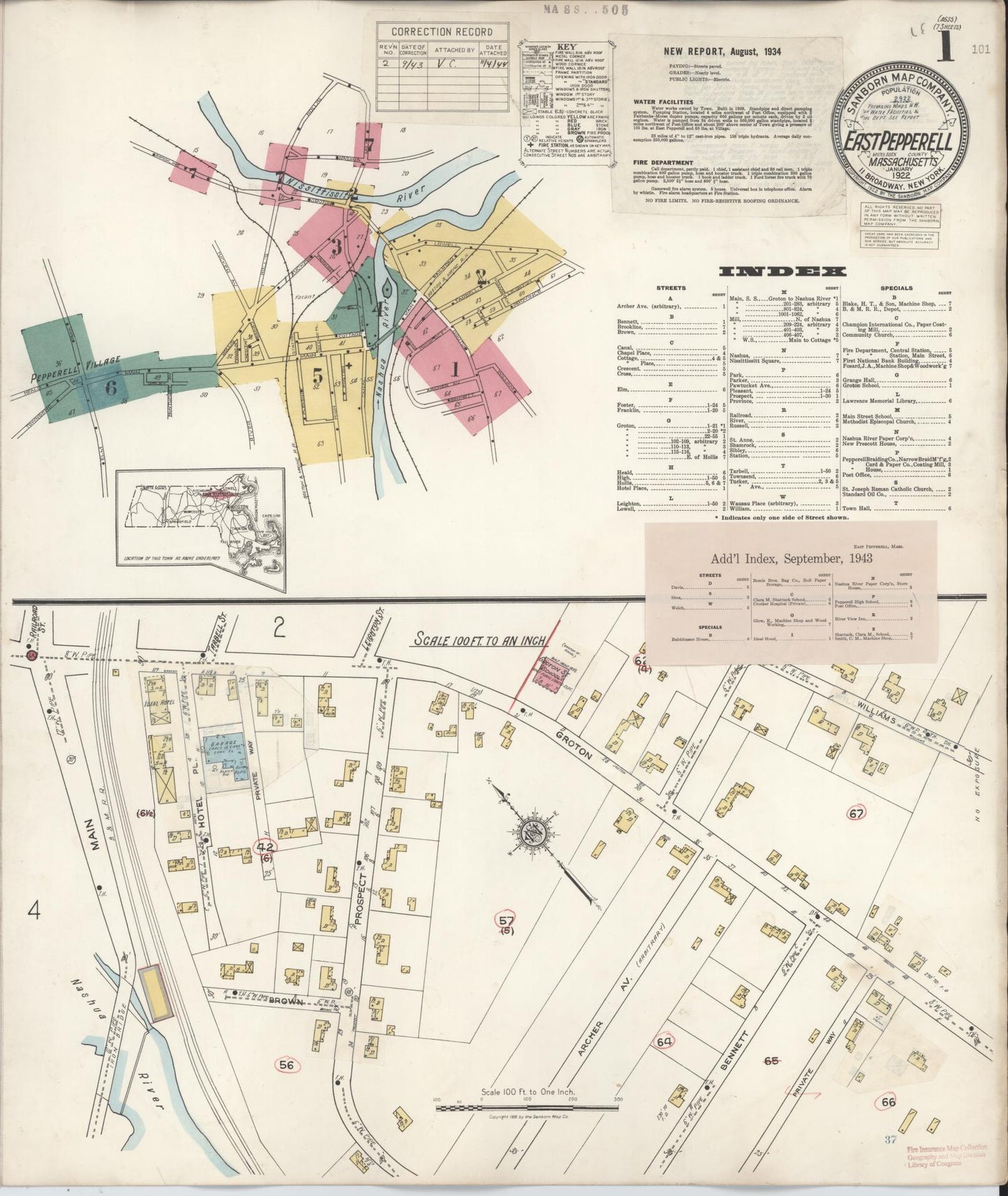 Sanborn Fire Insurance Map from East Pepperell, Middlesex County, Massachusetts (1943), Sheet #0001 - Historic Sanborn Fire Insurance Map Print, vintage old map wall art, antique decor, genealogy gift, Massachusetts Massachusetts map