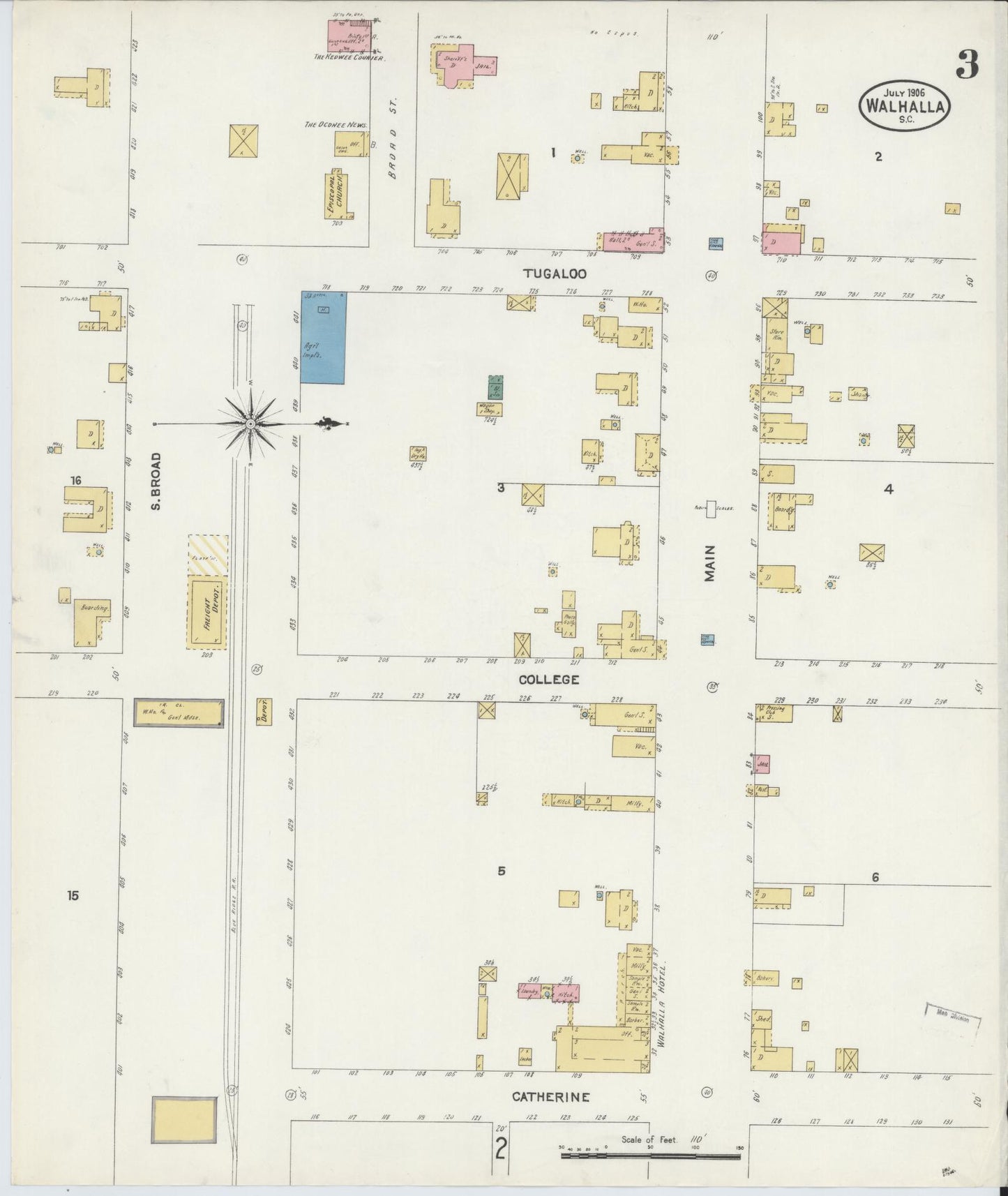 Sanborn Fire Insurance Map from Walhalla, Oconee County, South Carolina (1906), Sheet #0003 - Complete Map Set gallery image, historic Sanborn map, vintage wall art, South Carolina South Carolina