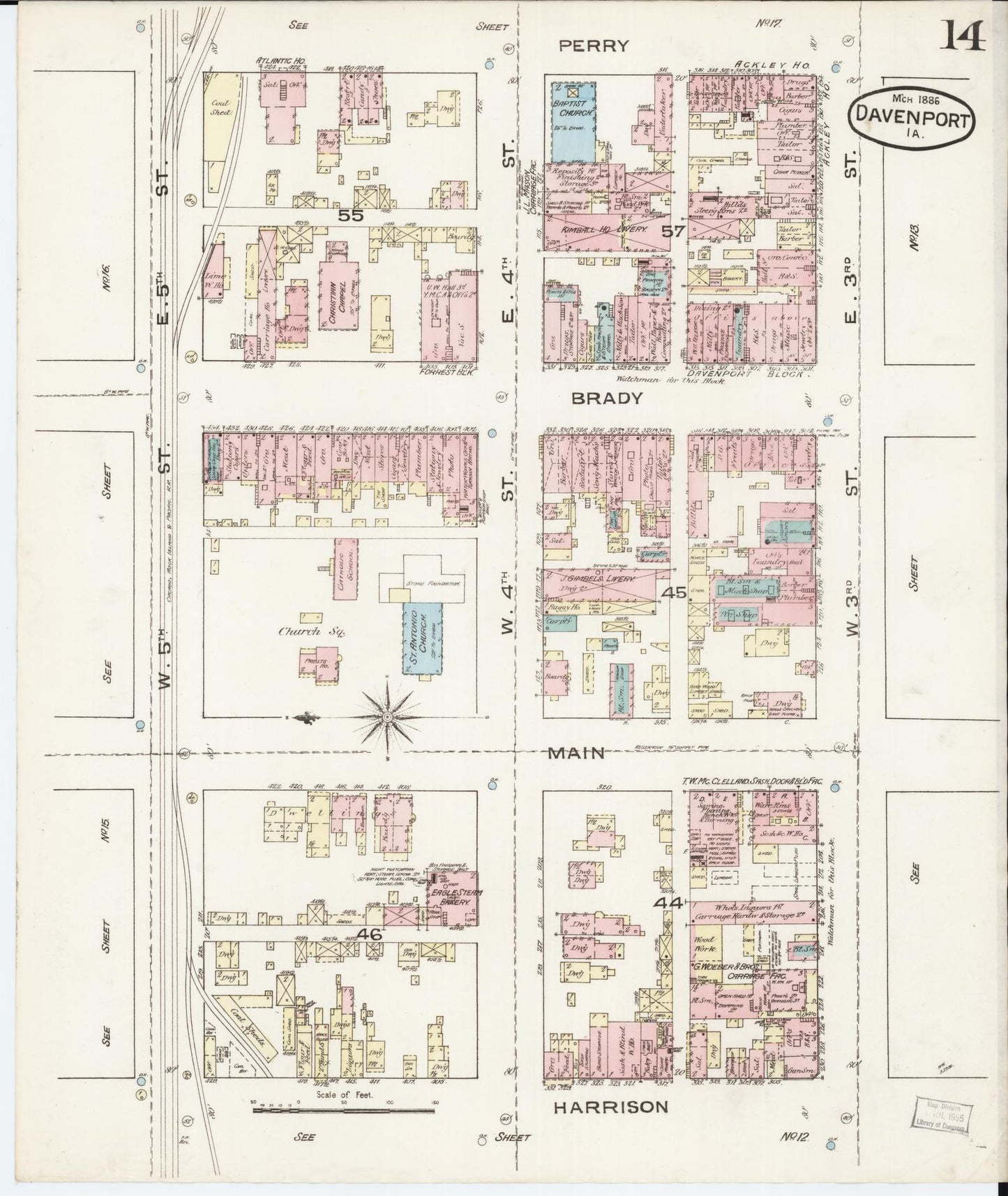 Sanborn Fire Insurance Map from Davenport, Scott County, Iowa (1886), Sheet #0014 - Historic Sanborn Fire Insurance Map Print, vintage old map wall art