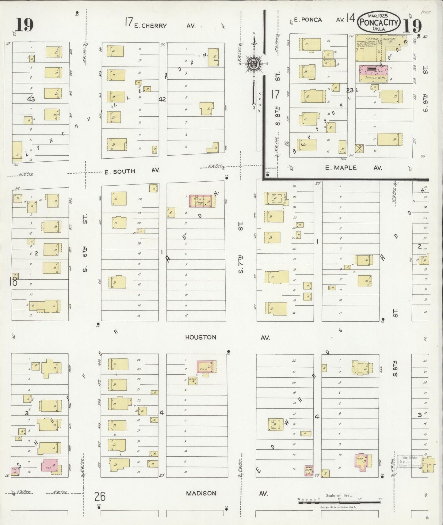 Sanborn Fire Insurance Map from Ponca City, Kay County, Oklahoma (1925), Sheet #0019 - Historic Sanborn Fire Insurance Map Print, vintage old map wall art, antique decor, genealogy gift, Oklahoma Oklahoma map